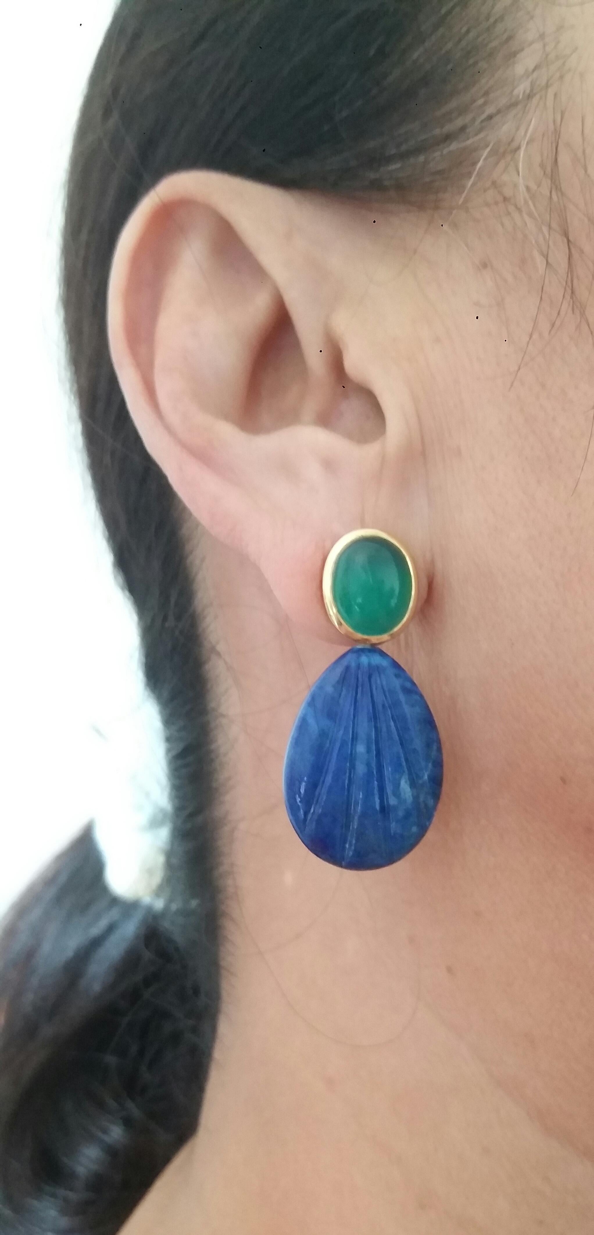 Green Onyx Oval Cabs Gold Engraved Pear Shape Lapis Lazuli Stud Earrings For Sale 6