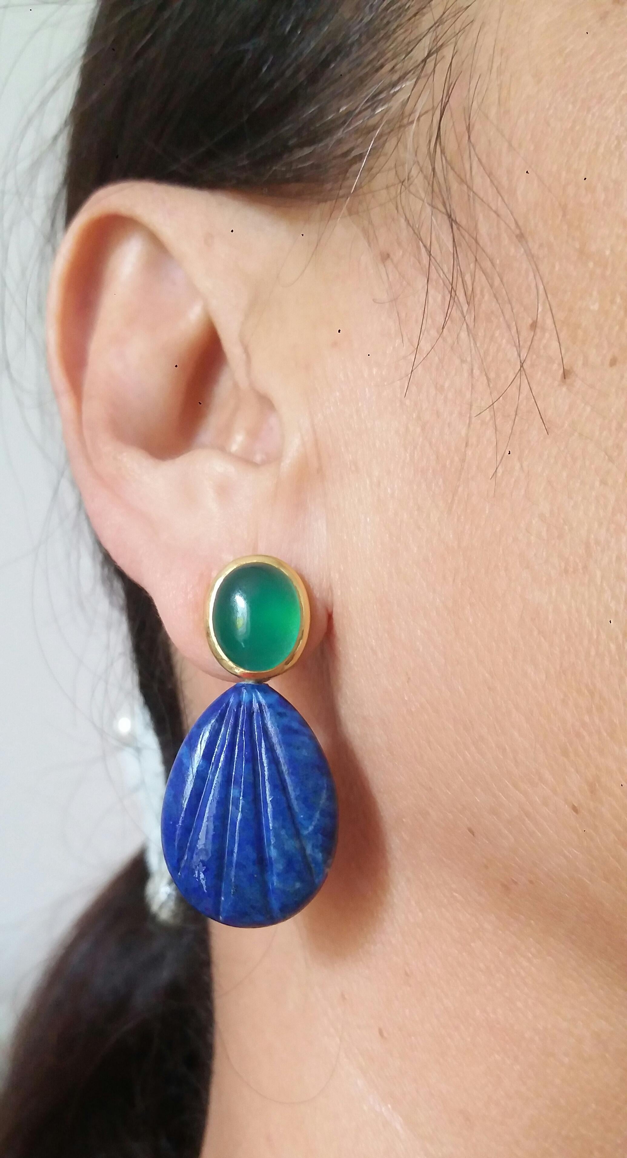 Green Onyx Oval Cabs Gold Engraved Pear Shape Lapis Lazuli Stud Earrings For Sale 7