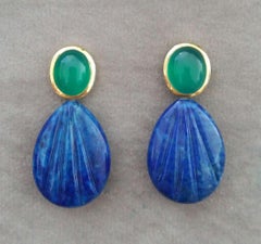 Green Onyx Oval Cabs Gold Engraved Pear Shape Lapis Lazuli Stud Earrings