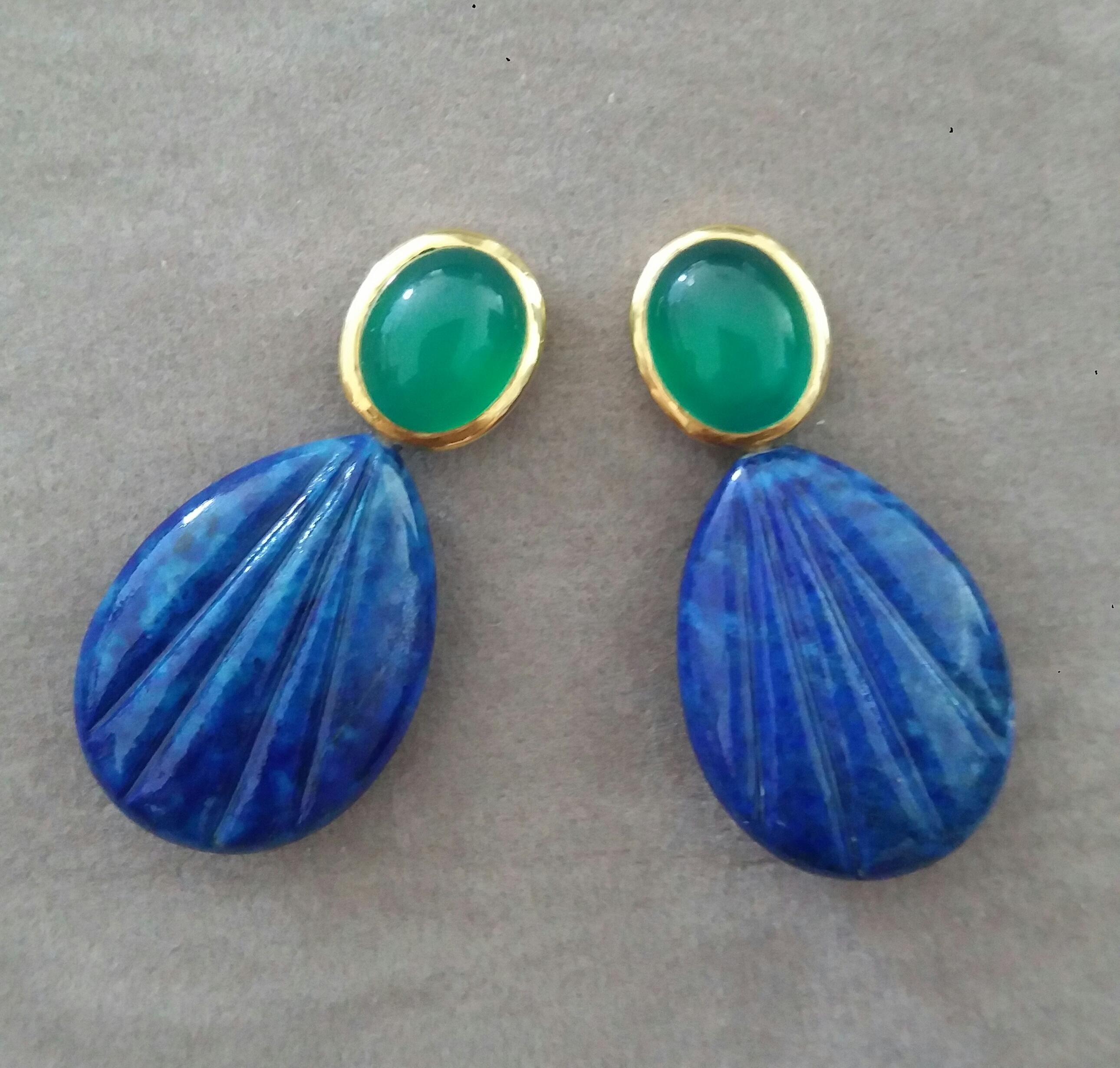 Contemporary Green Onyx Oval Cabs Gold Engraved Pear Shape Lapis Lazuli Stud Earrings For Sale
