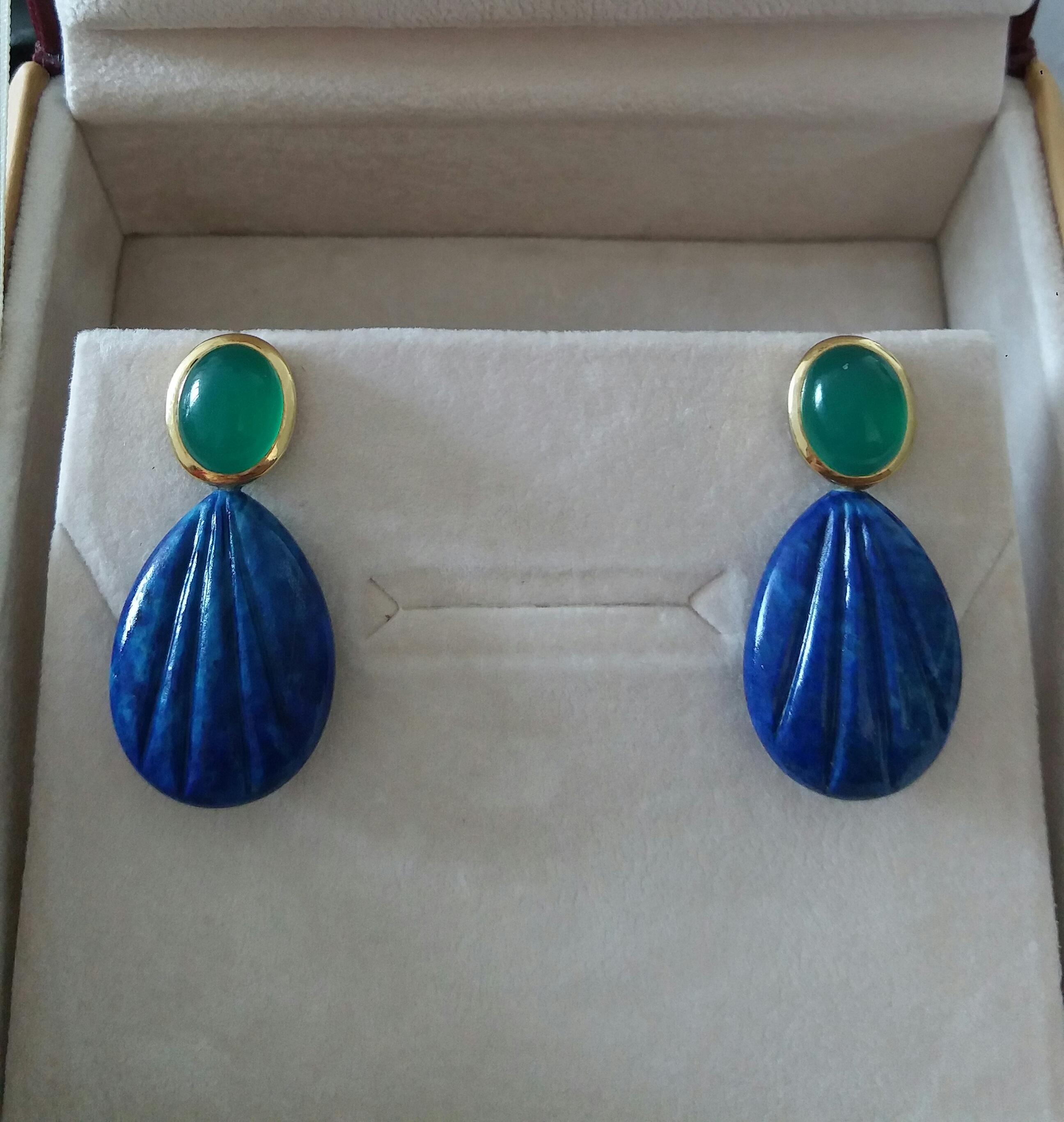 Green Onyx Oval Cabs Gold Engraved Pear Shape Lapis Lazuli Stud Earrings For Sale 1
