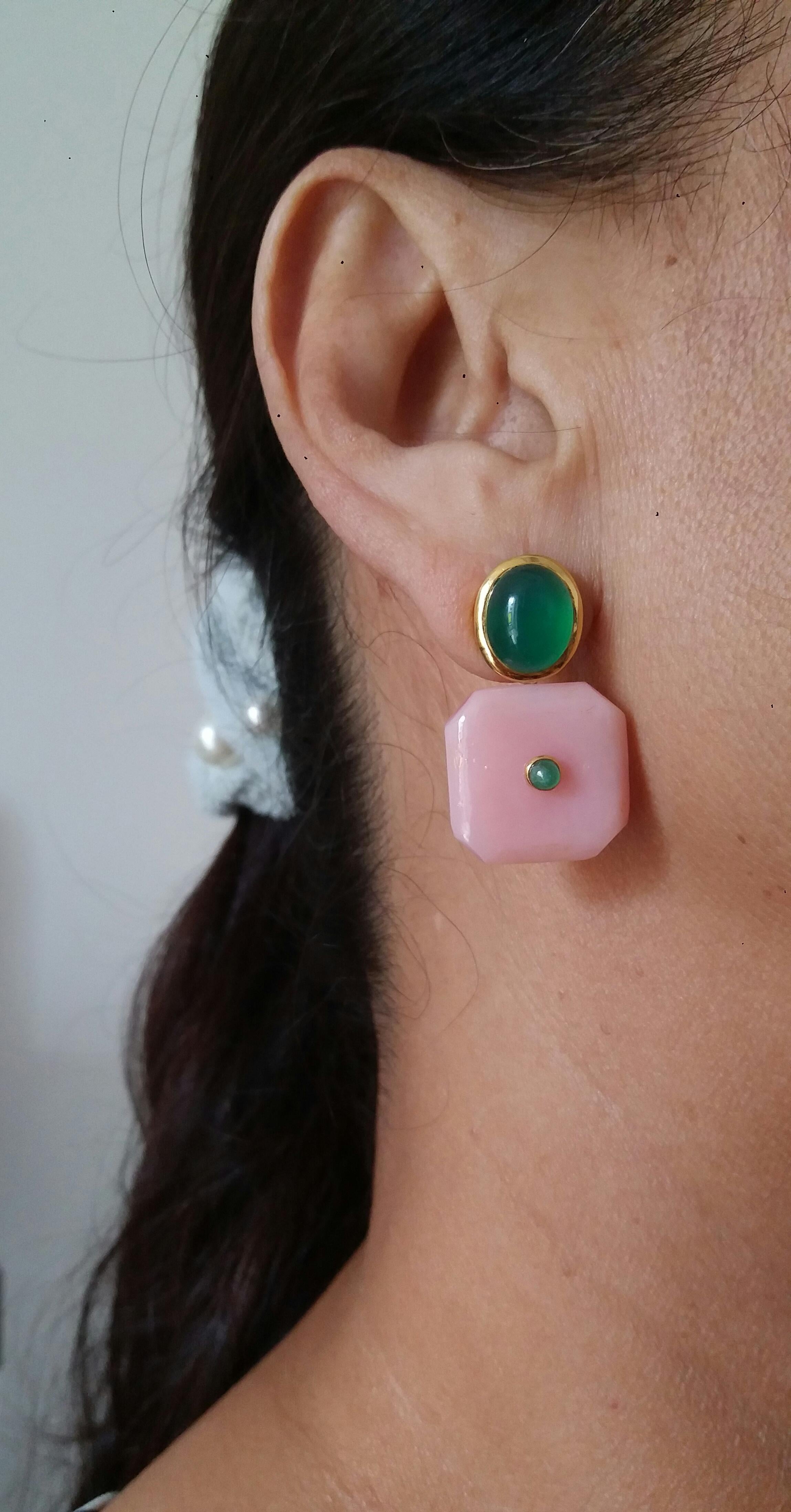 Green Onyx Oval Cabs Octagon Shape Pink Opal Emeralds 14 K Gold Stud Earrings 1