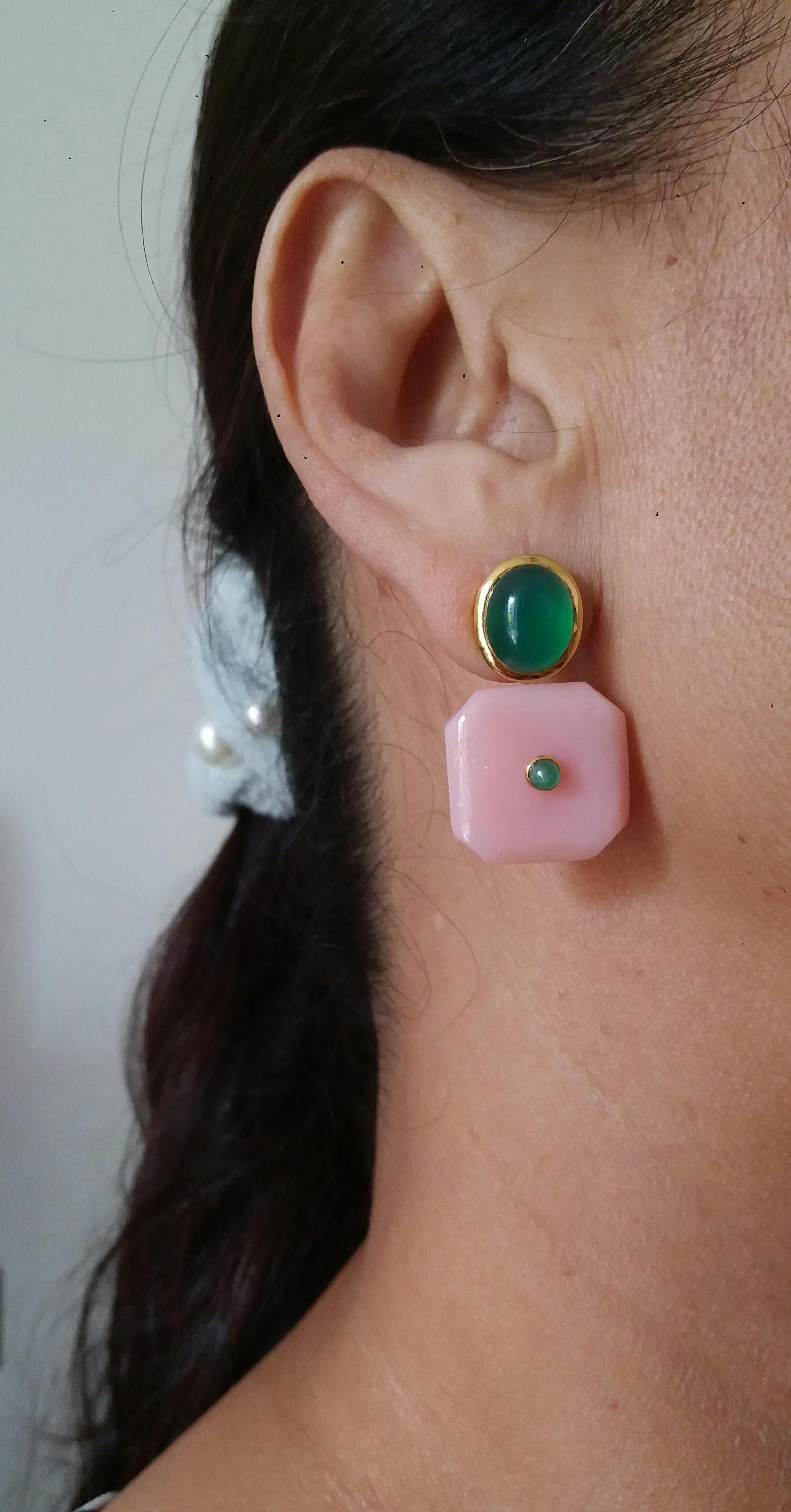 Pink Opal Octagon Shape Green Onyx Oval Cabs  Emeralds 14 K Gold Stud Earrings For Sale 4