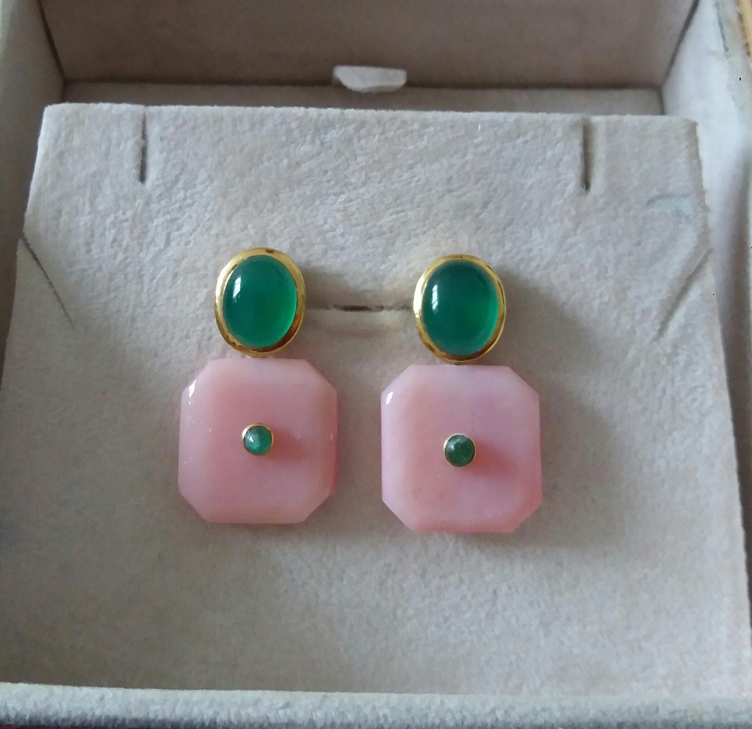 Pink Opal Octagon Shape Green Onyx Oval Cabs  Emeralds 14 K Gold Stud Earrings For Sale 5