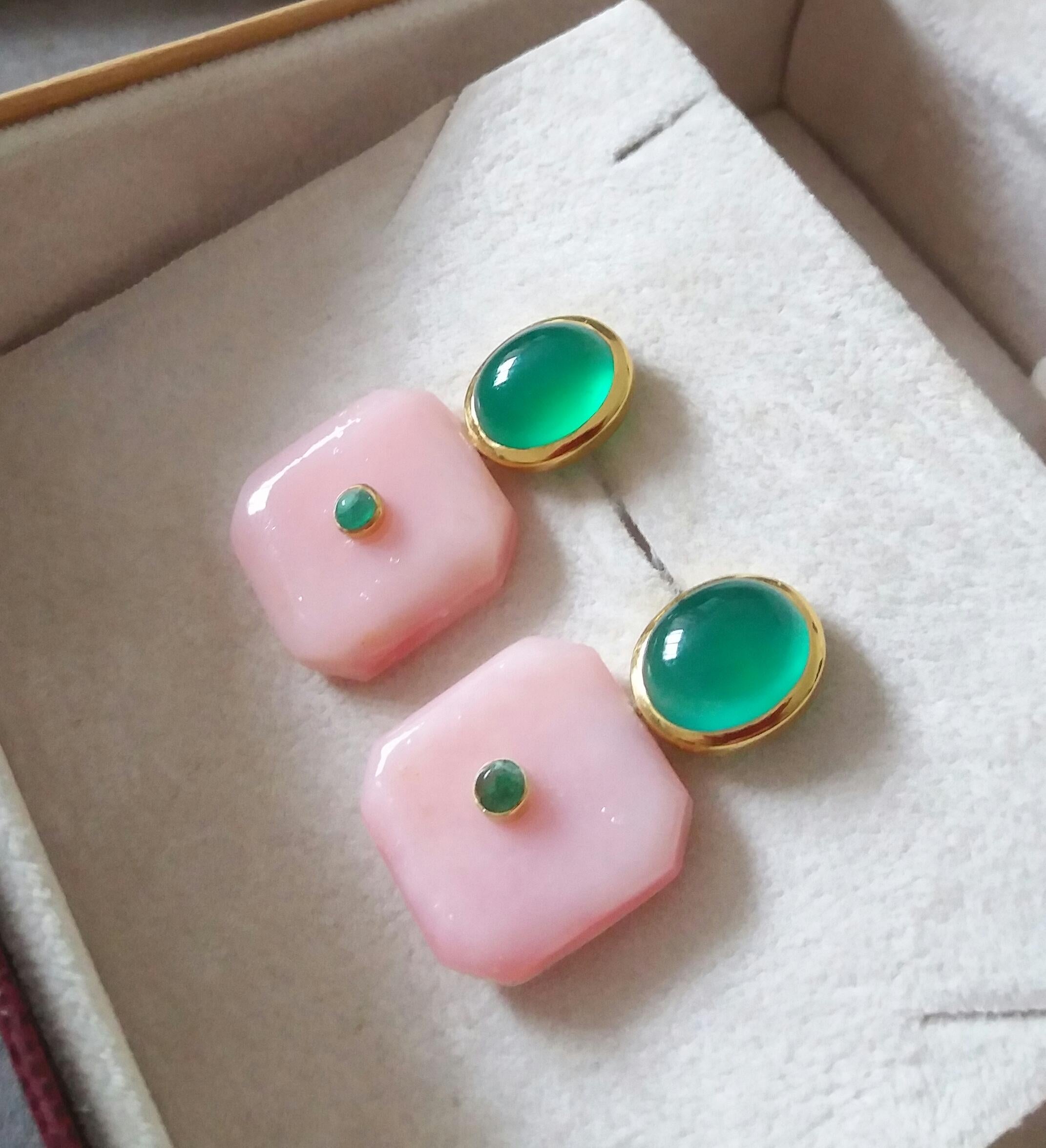 Green Onyx Oval Cabs Octagon Shape Pink Opal Emeralds 14 K Gold Stud Earrings 6