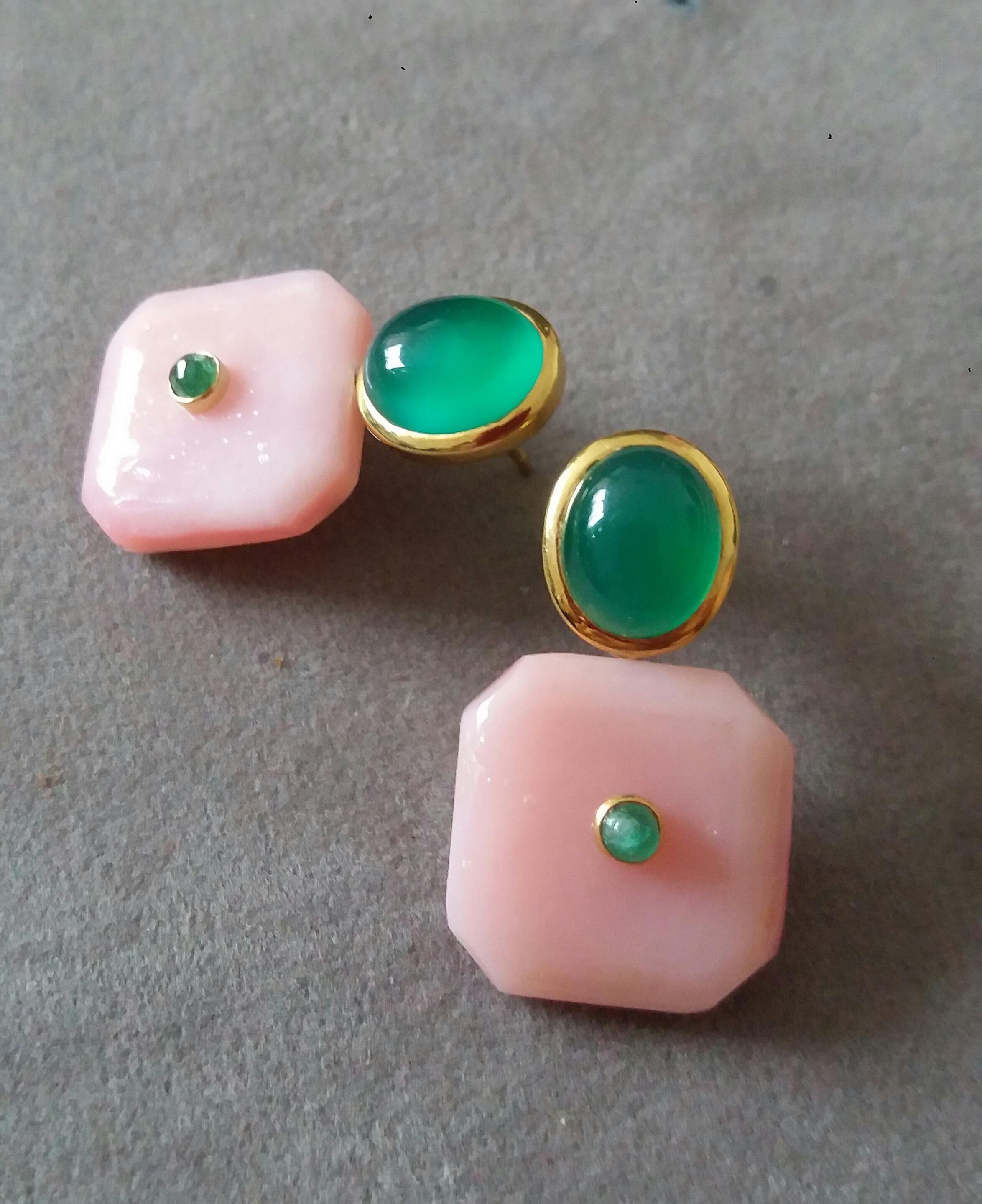 Pink Opal Octagon Shape Green Onyx Oval Cabs  Emeralds 14 K Gold Stud Earrings For Sale 8