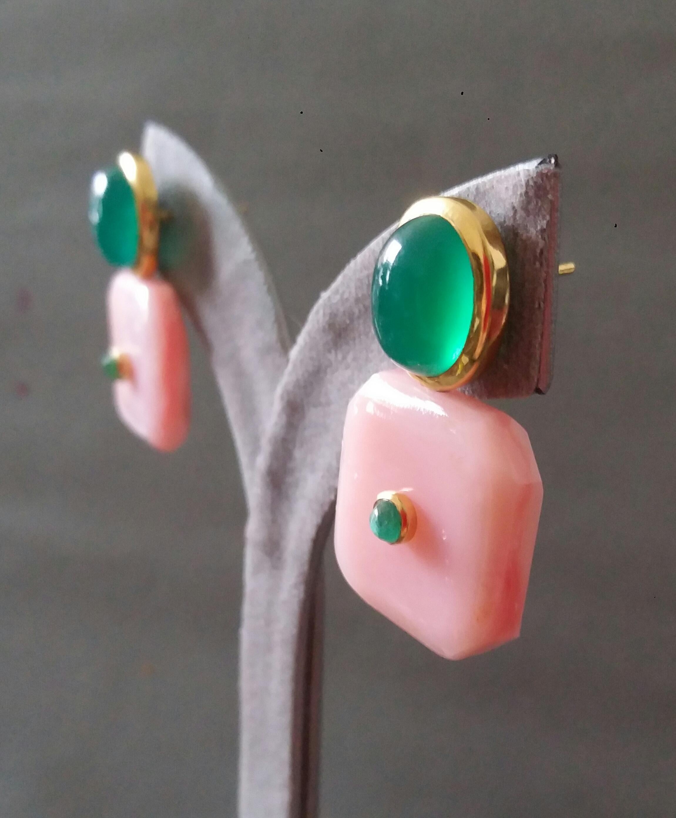 Pink Opal Octagon Shape Green Onyx Oval Cabs  Emeralds 14 K Gold Stud Earrings For Sale 9