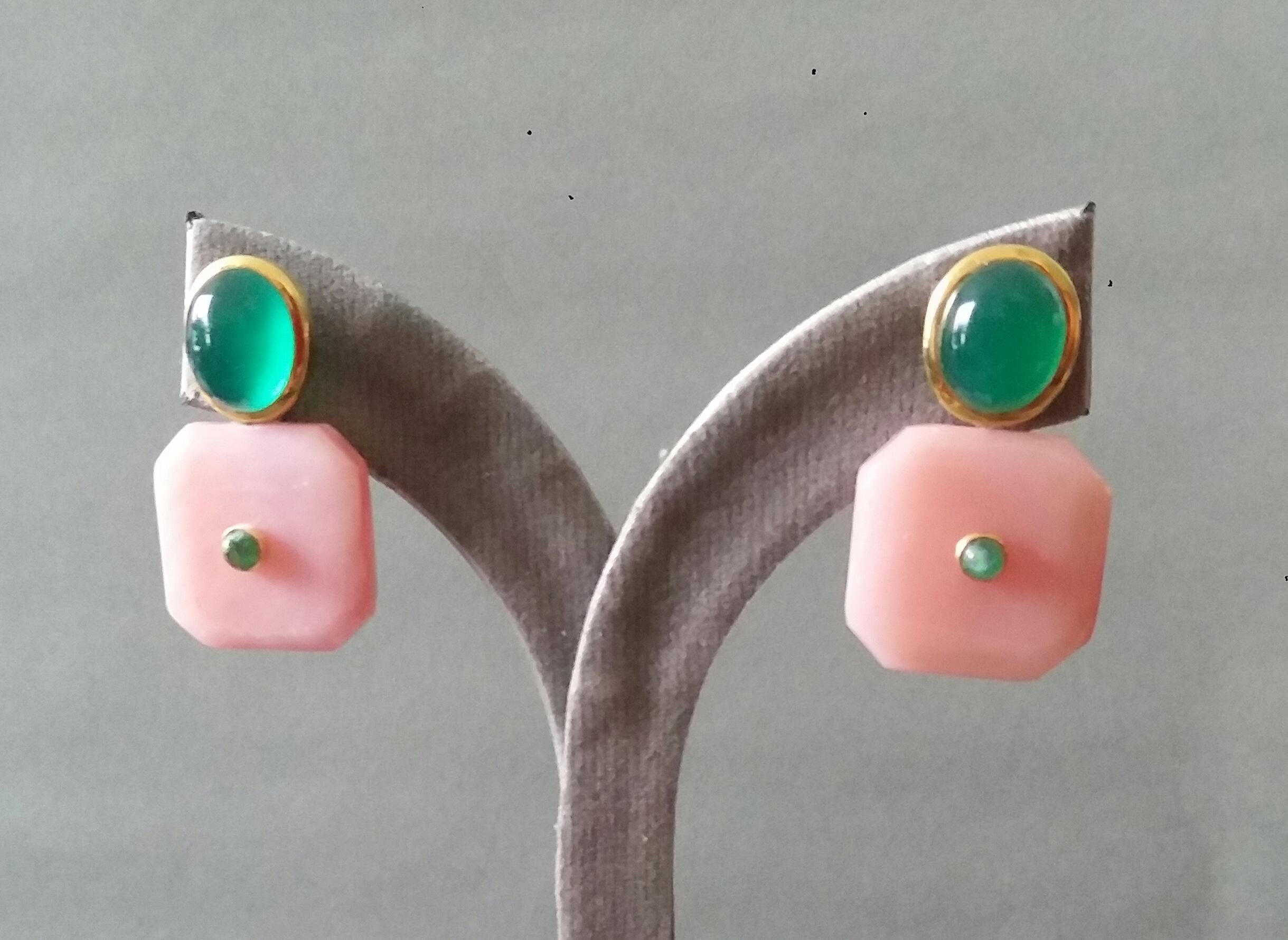 Pink Opal Octagon Shape Green Onyx Oval Cabs  Emeralds 14 K Gold Stud Earrings For Sale 10