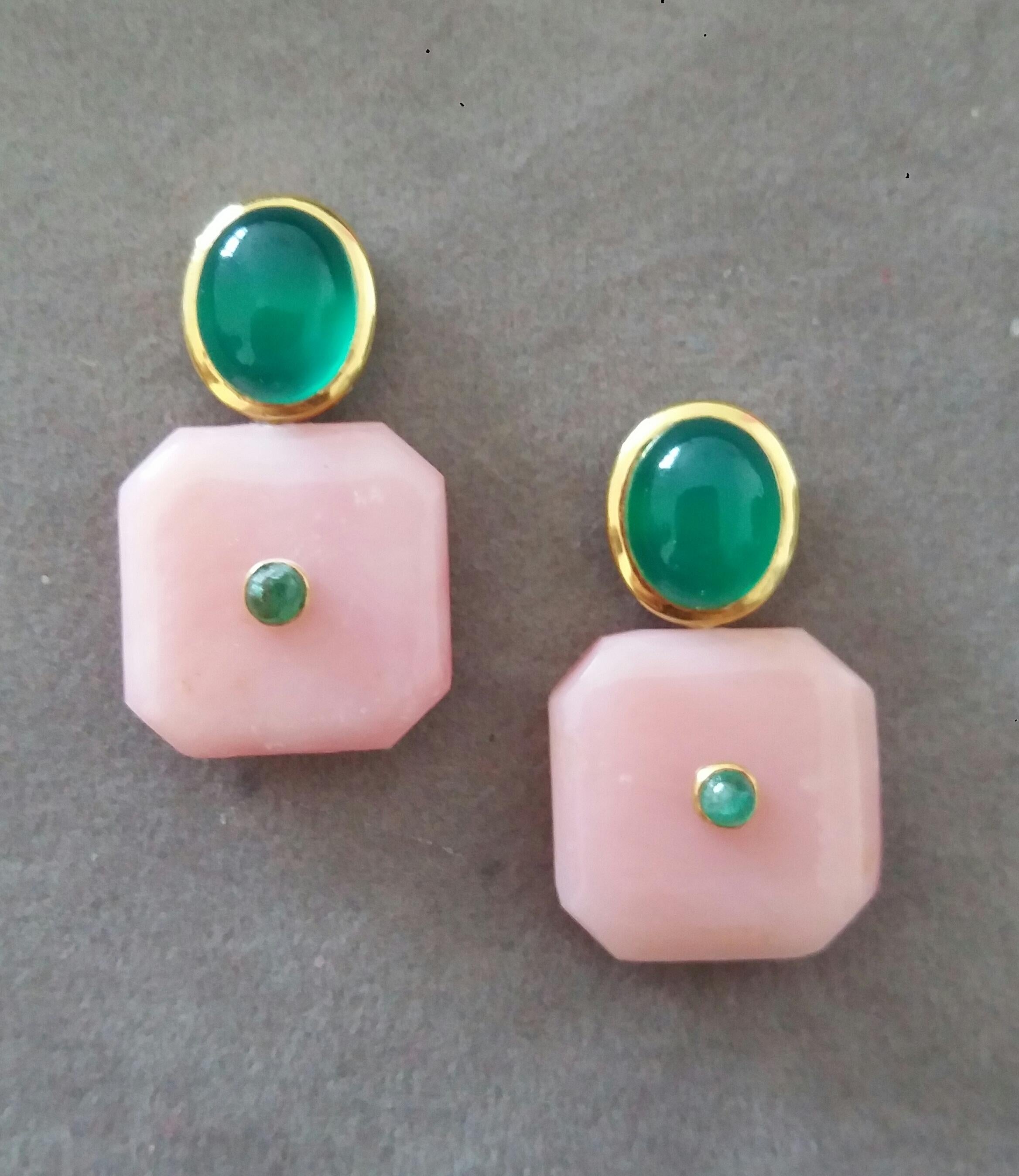 In these simple and chic handmade earrings we have 2 Octagon Shape Pink Opal Octagons measuring 18 x 18 mm. with 2 small round Emerald cabs set in gold in the center ,suspended from 2 nice Natural Green Onyx  oval cabochons size 10 x 12 mm  set in