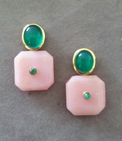 Pink Opal Octagon Shape Green Onyx Oval Cabs  Emeralds 14 K Gold Stud Earrings