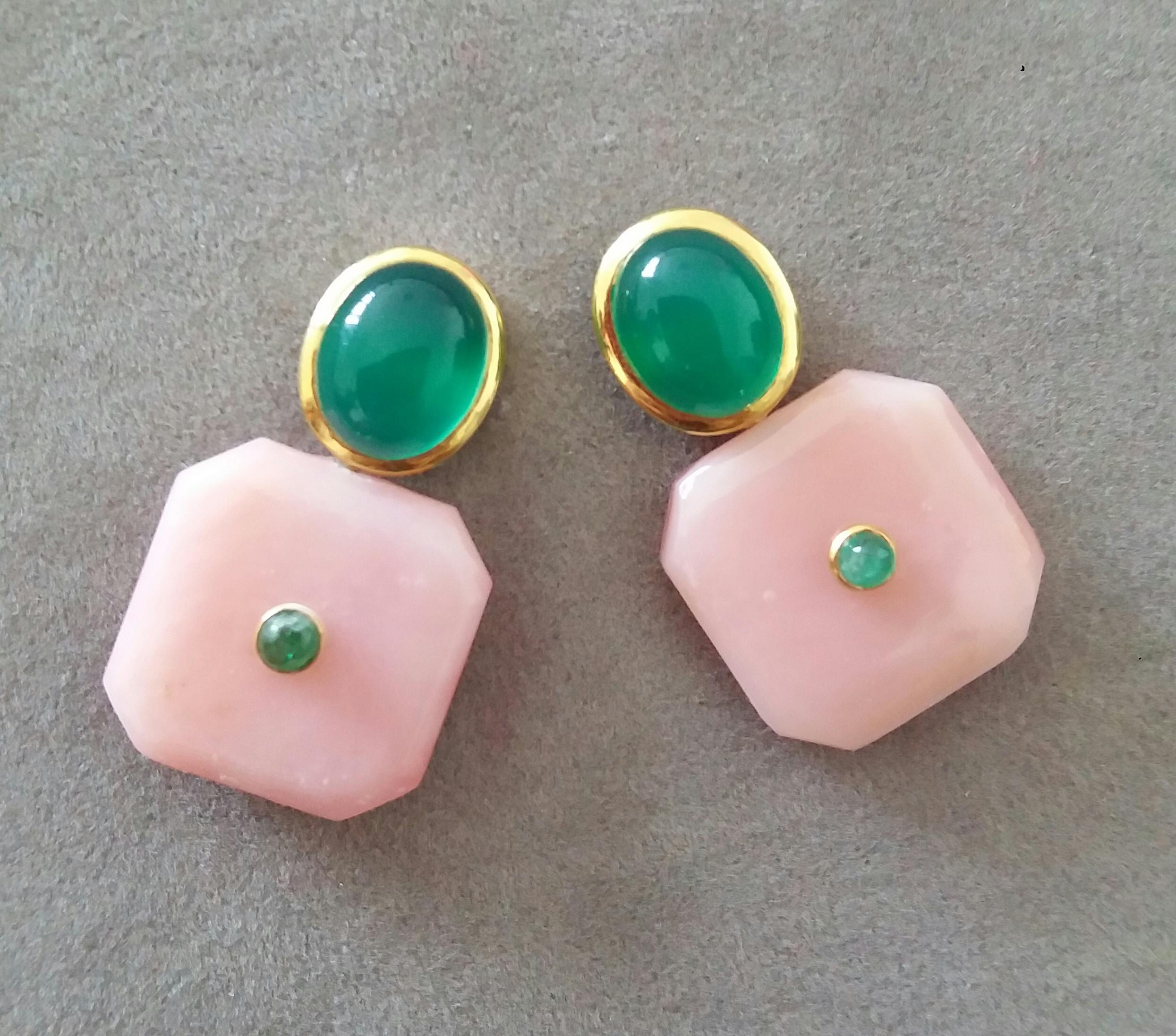 Contemporary Green Onyx Oval Cabs Octagon Shape Pink Opal Emeralds 14 K Gold Stud Earrings For Sale