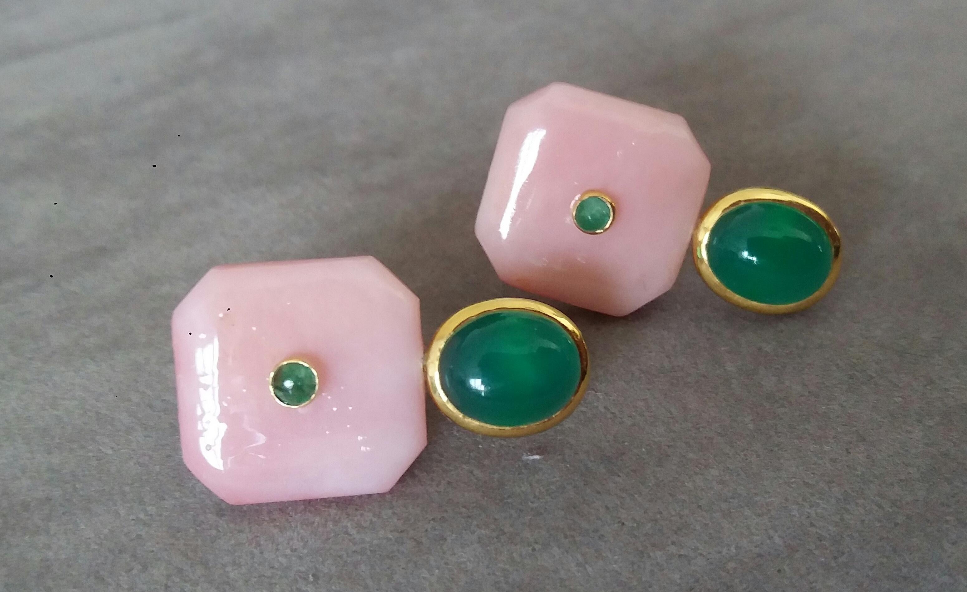 Octagon Cut Green Onyx Oval Cabs Octagon Shape Pink Opal Emeralds 14 K Gold Stud Earrings