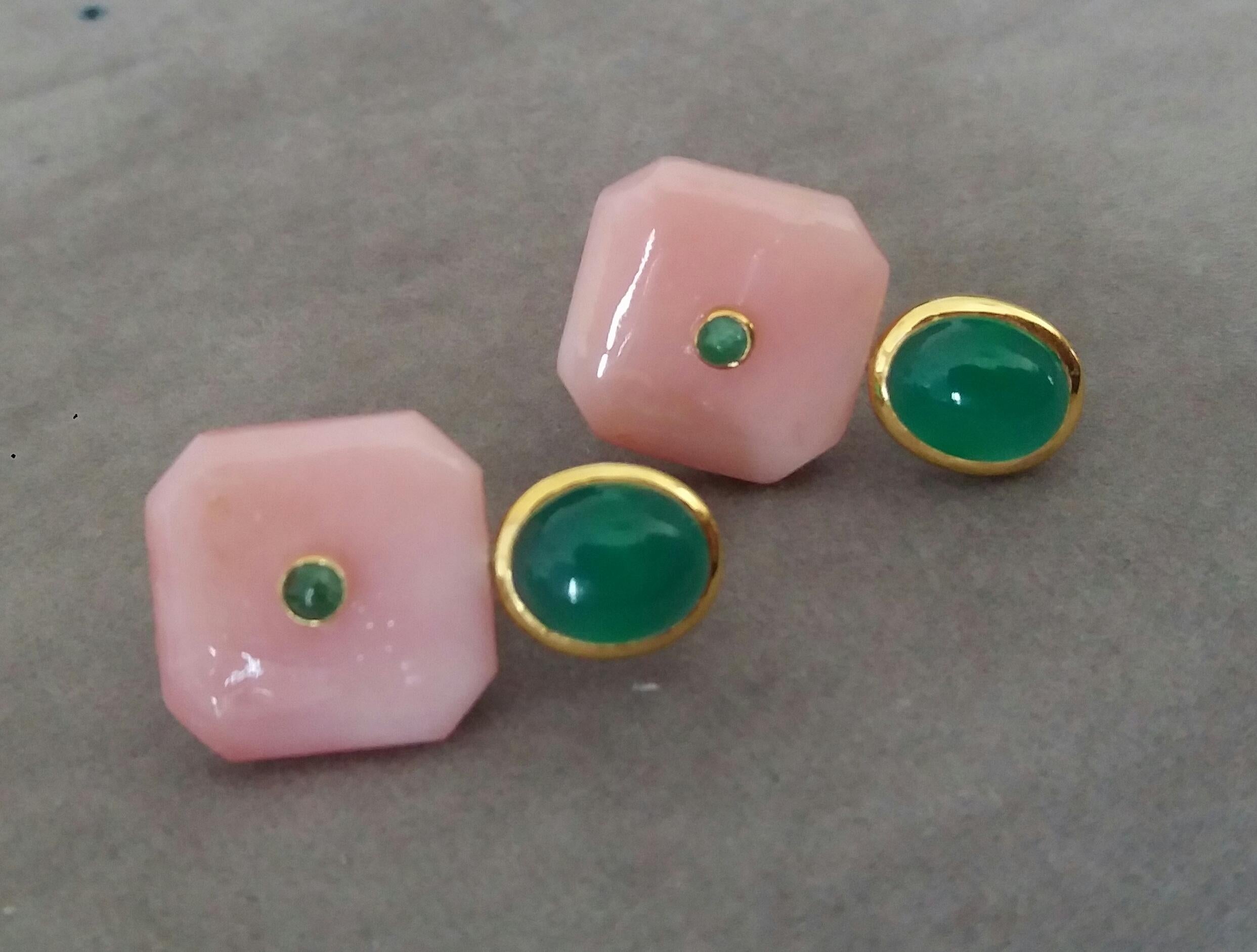 Green Onyx Oval Cabs Octagon Shape Pink Opal Emeralds 14 K Gold Stud Earrings In Good Condition In Bangkok, TH