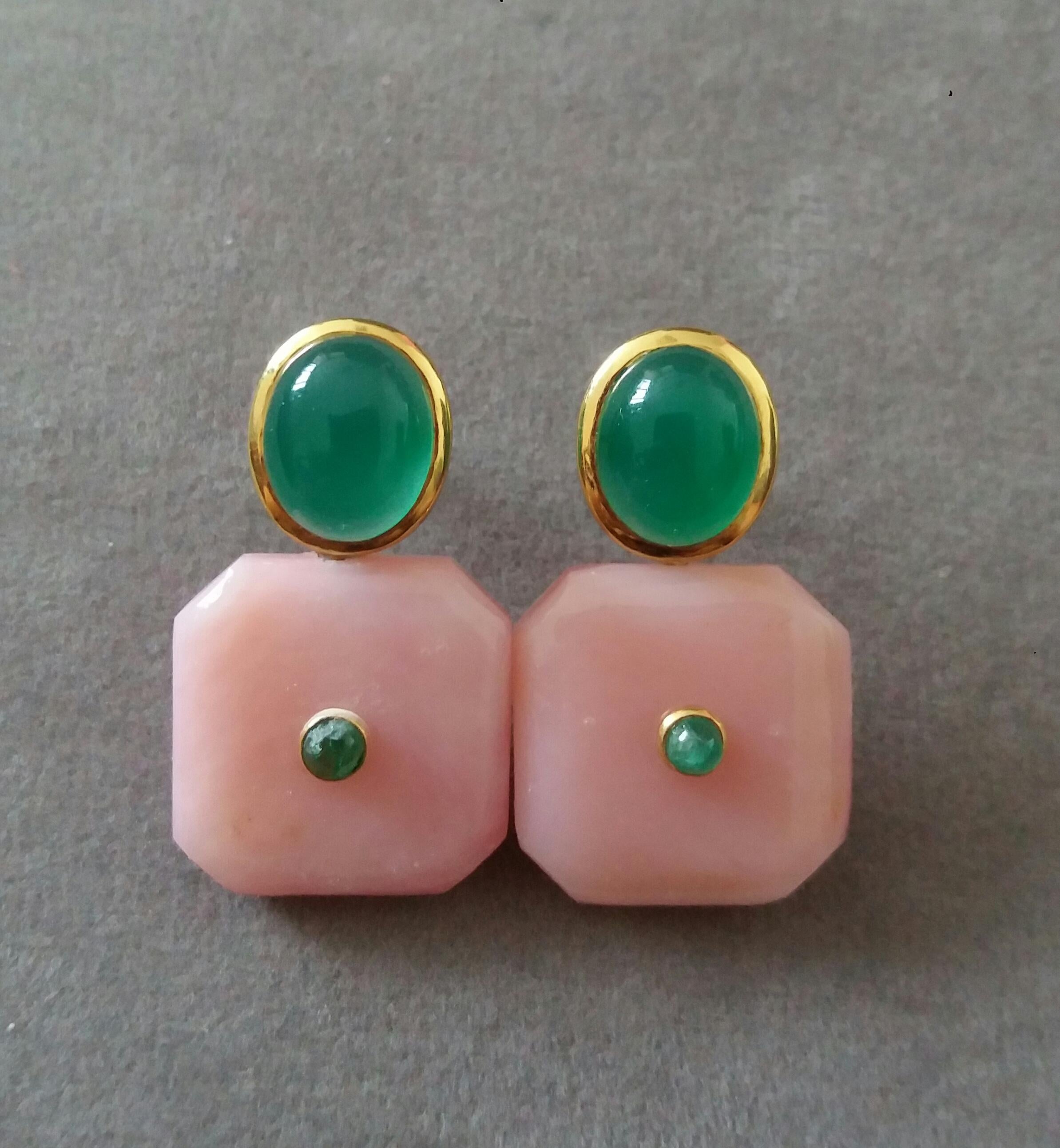 Contemporary Green Onyx Oval Cabs Octagon Shape Pink Opal Emeralds 14 K Gold Stud Earrings