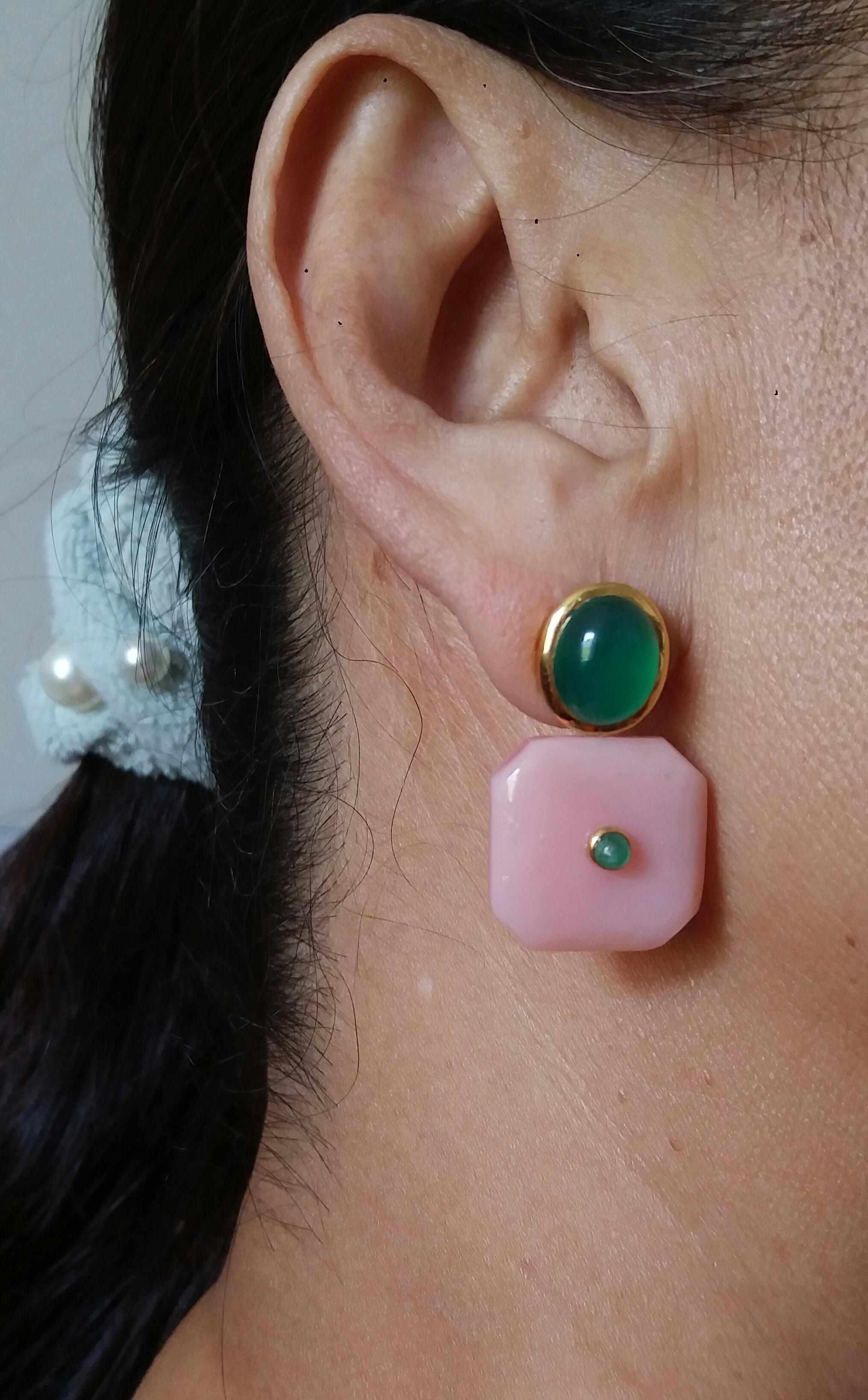 Octagon Cut Green Onyx Oval Cabs Octagon Shape Pink Opal Emeralds 14 K Gold Stud Earrings