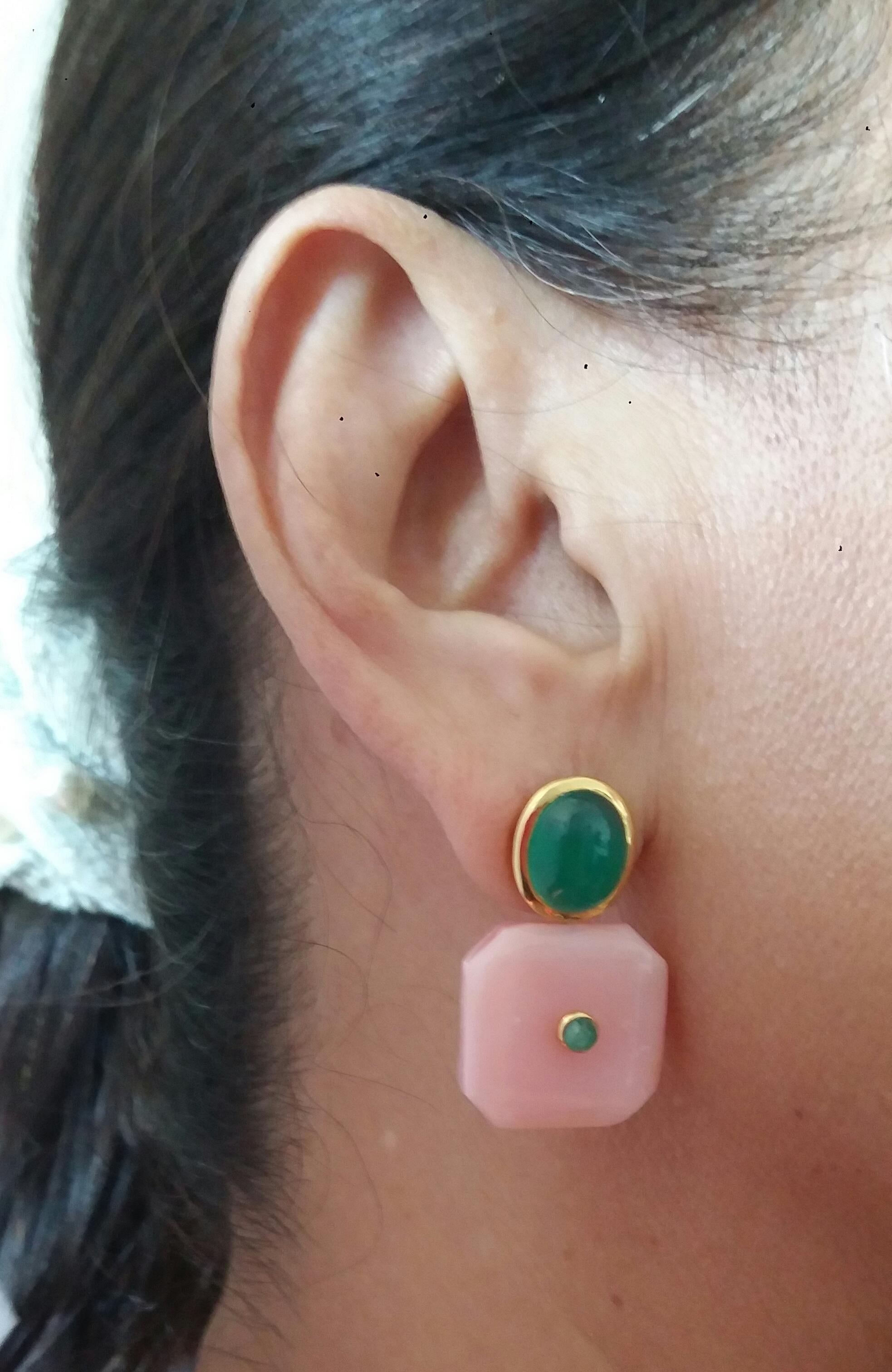 Women's Green Onyx Oval Cabs Octagon Shape Pink Opal Emeralds 14 K Gold Stud Earrings