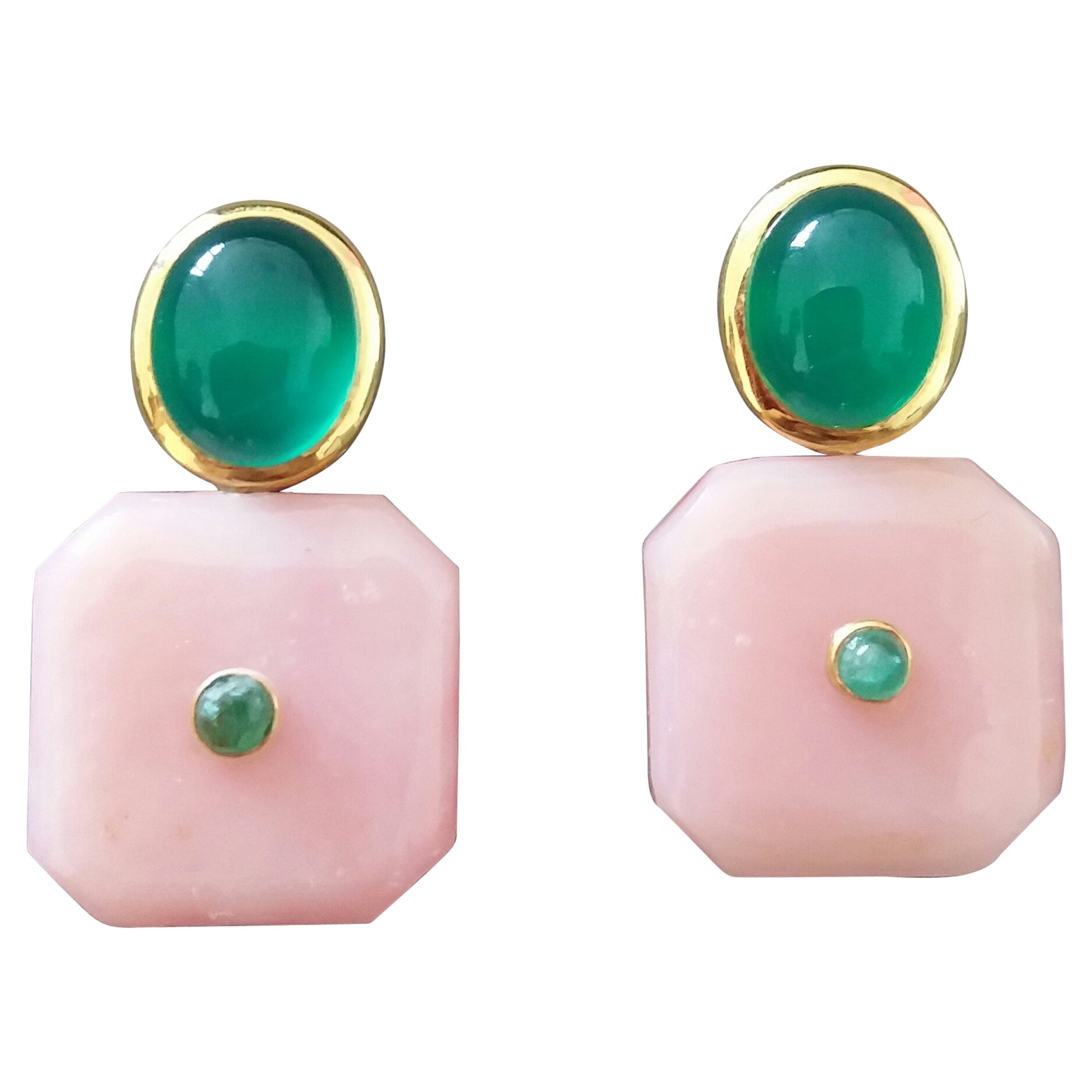 Green Onyx Oval Cabs Octagon Shape Pink Opal Emeralds 14 K Gold Stud Earrings For Sale