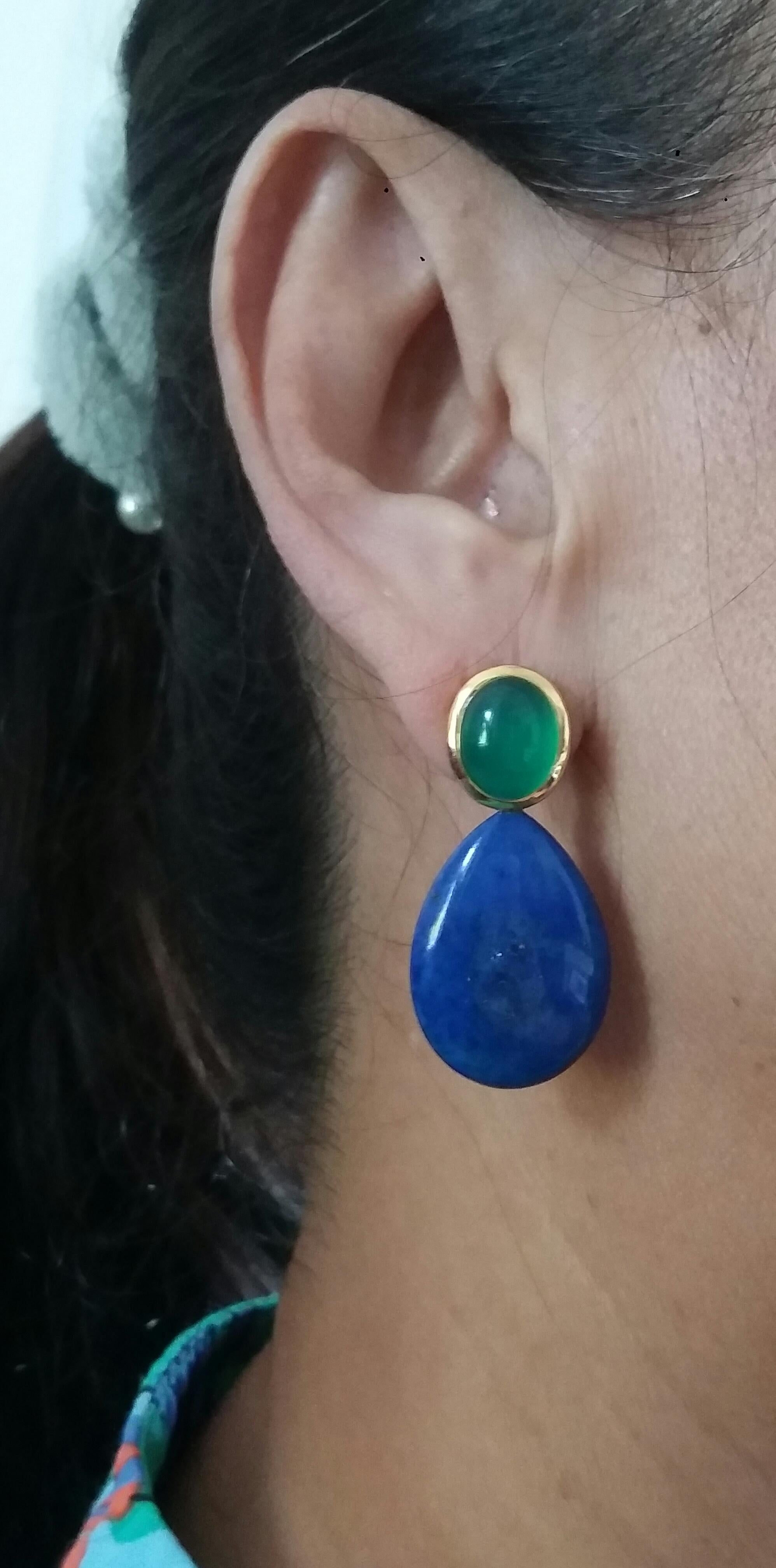 Green Onyx Oval Cabs Yellow Gold Natural Lapis Lazuli Flat Plain Drop Earrings For Sale 8