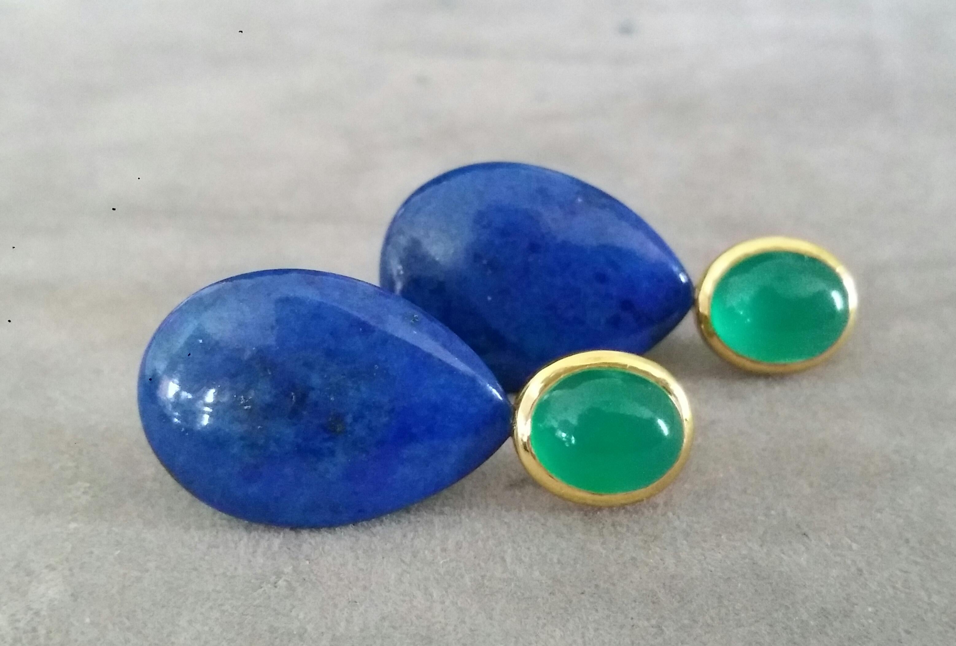 Contemporary Green Onyx Oval Cabs Yellow Gold Natural Lapis Lazuli Flat Plain Drop Earrings For Sale