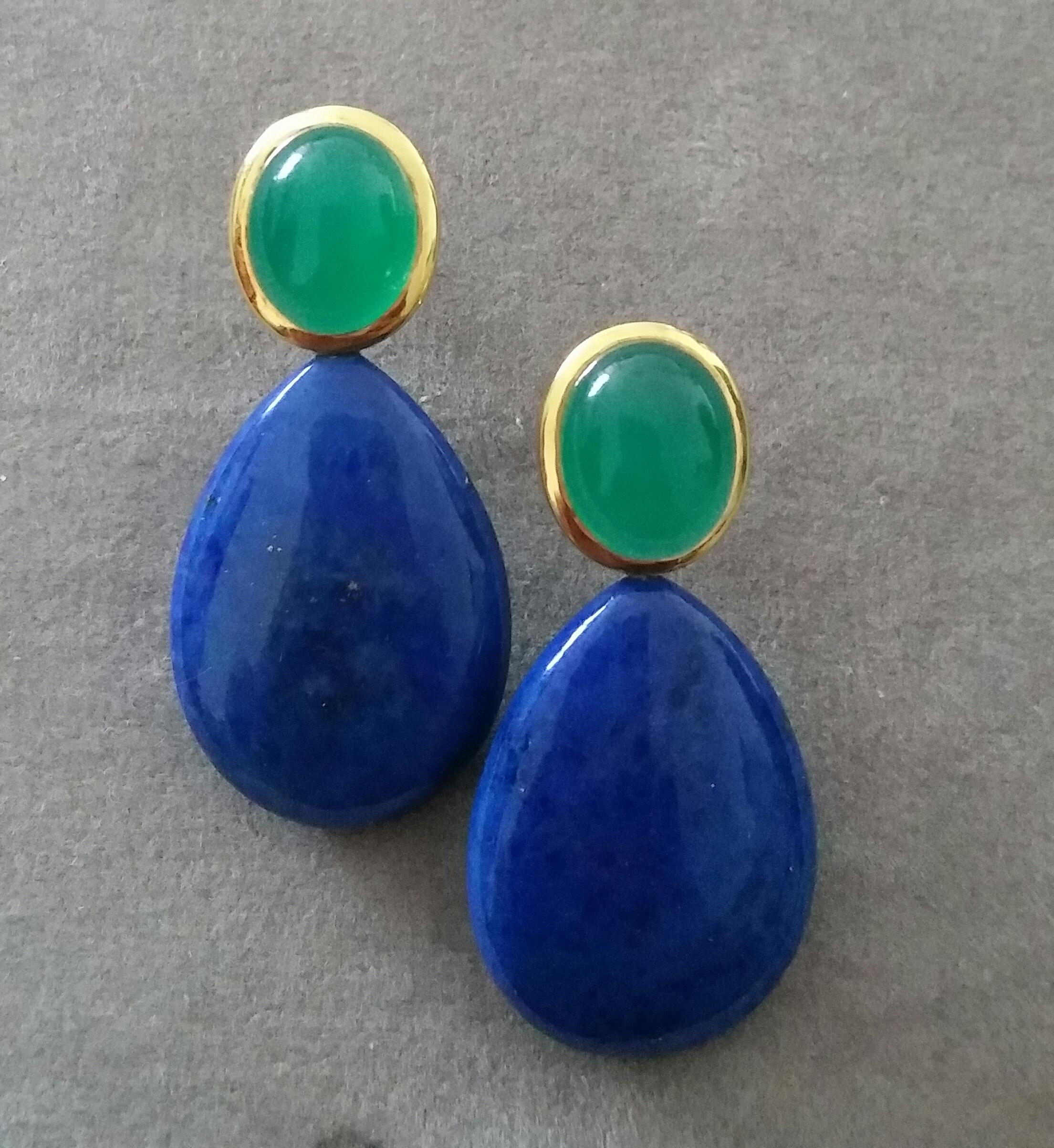 Women's Green Onyx Oval Cabs Yellow Gold Natural Lapis Lazuli Flat Plain Drop Earrings For Sale
