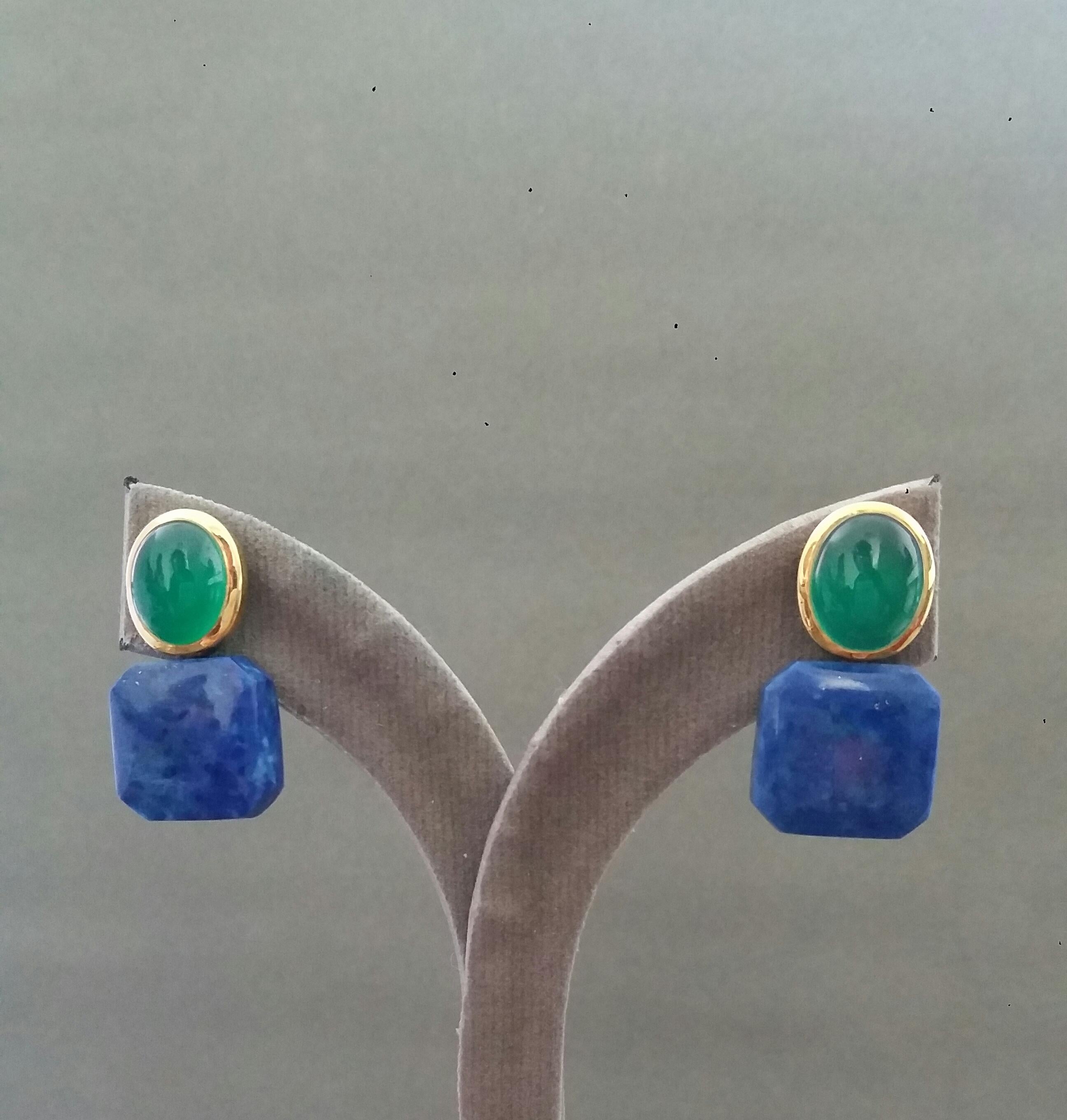 Green Onyx Oval Cabs Yellow Gold Natural Lapislazuli Octagon Shape Stud Earrings For Sale 4