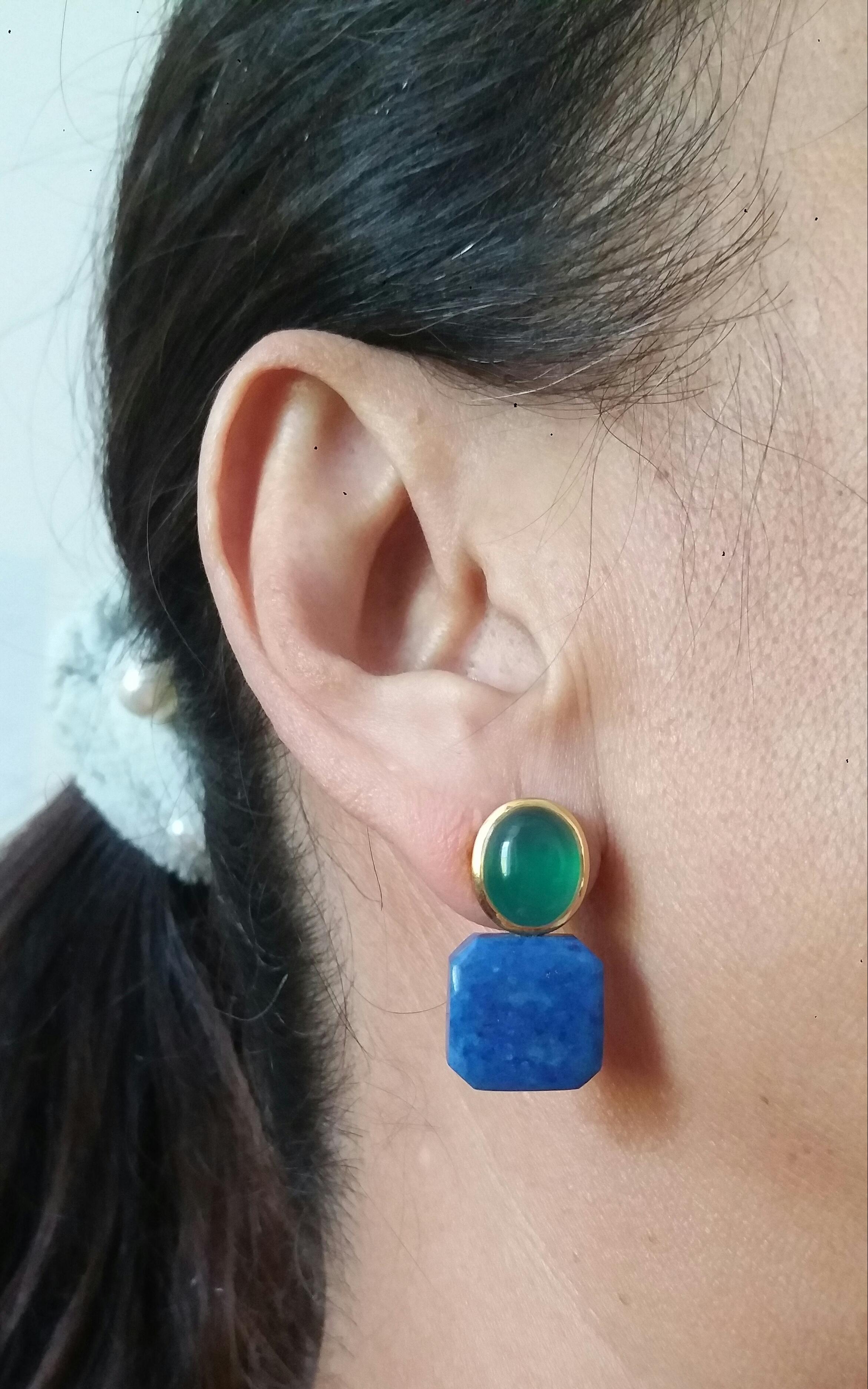 Green Onyx Oval Cabs Yellow Gold Natural Lapislazuli Octagon Shape Stud Earrings For Sale 6