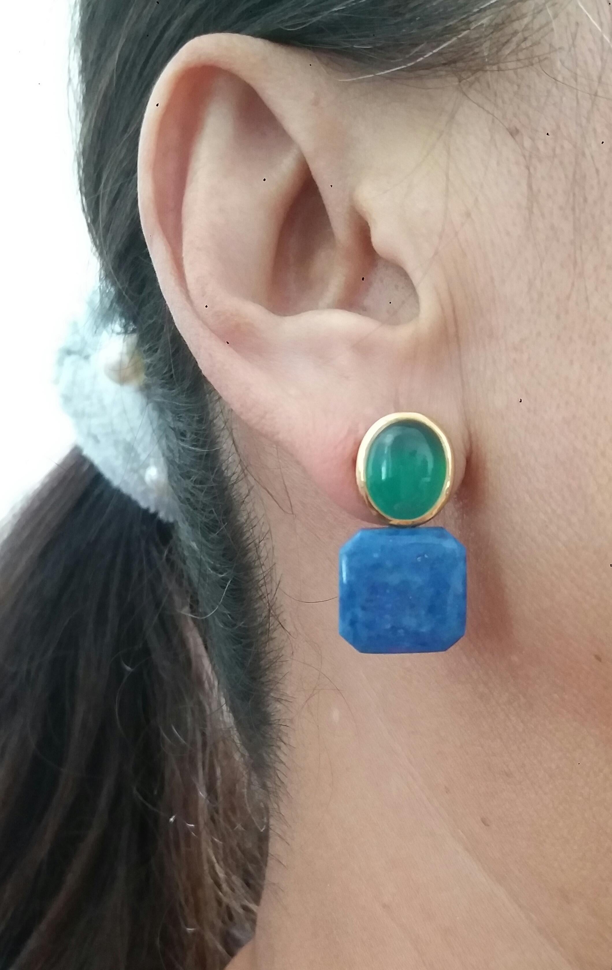 Green Onyx Oval Cabs Yellow Gold Natural Lapislazuli Octagon Shape Stud Earrings For Sale 7