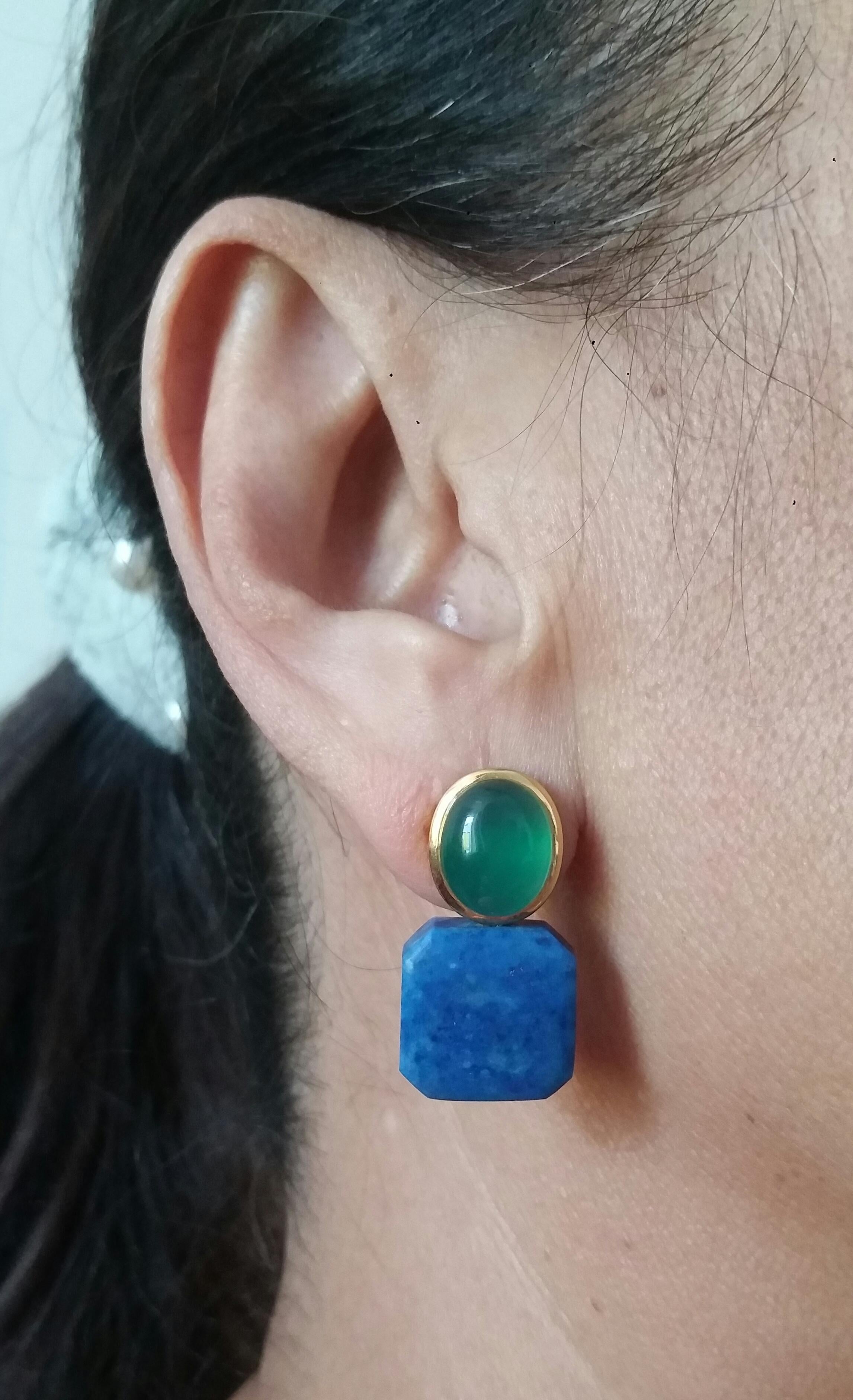 Green Onyx Oval Cabs Yellow Gold Natural Lapislazuli Octagon Shape Stud Earrings For Sale 8