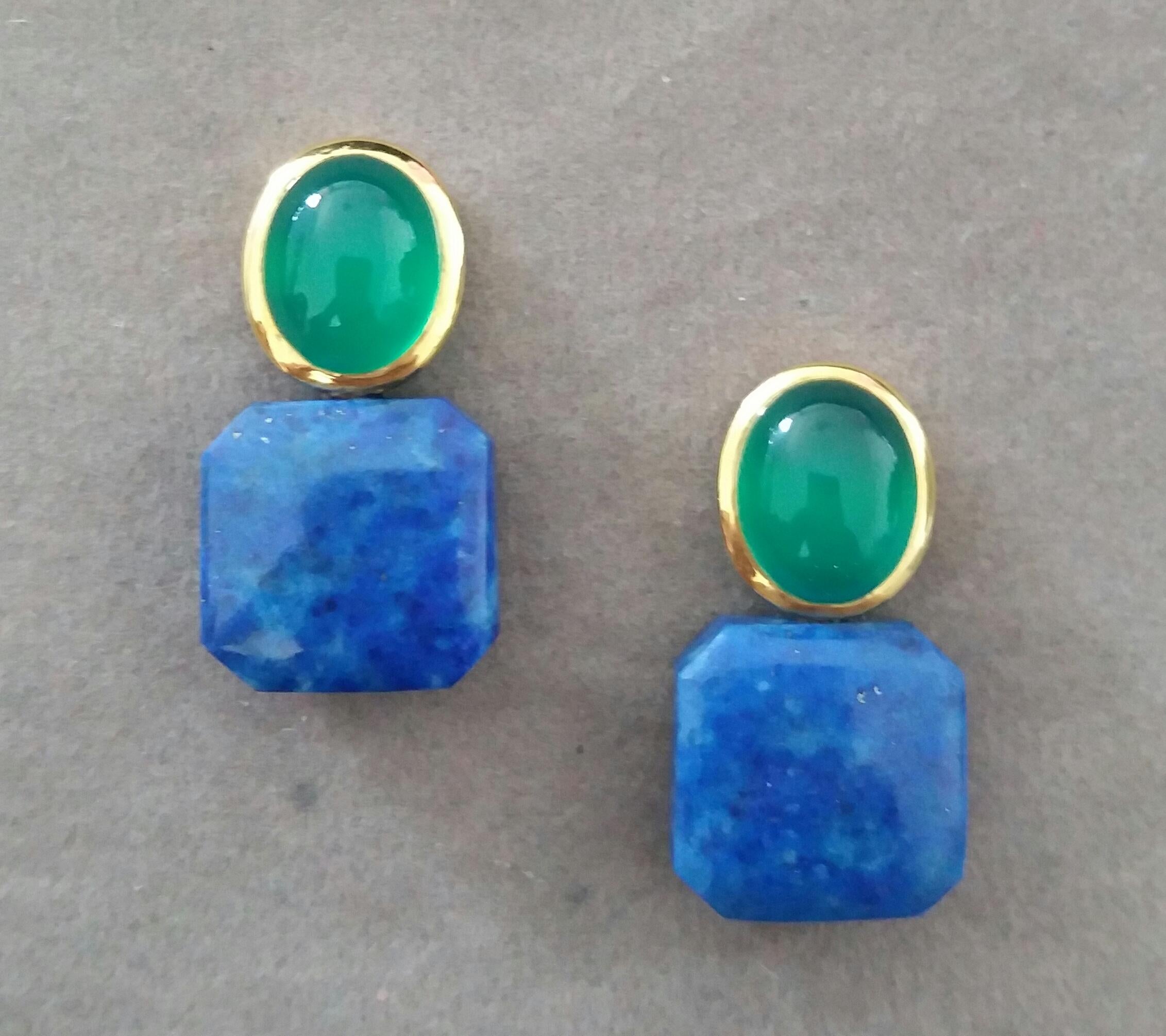 Elegant and completely handmade Earrings consisting of  upper parts of 2 oval shape Green Onyx Cabs measuring 9x11 mm set in a 14 Kt yellow gold bezel , in the lower part we have 2 Flat Plain Octagon Shape Natural Color Lapis Lazuli measuring 14x14 