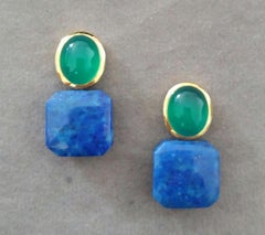Natural Lapislazuli Octagon Shape Green Onyx Oval Cabs Yellow Gold Stud Earrings