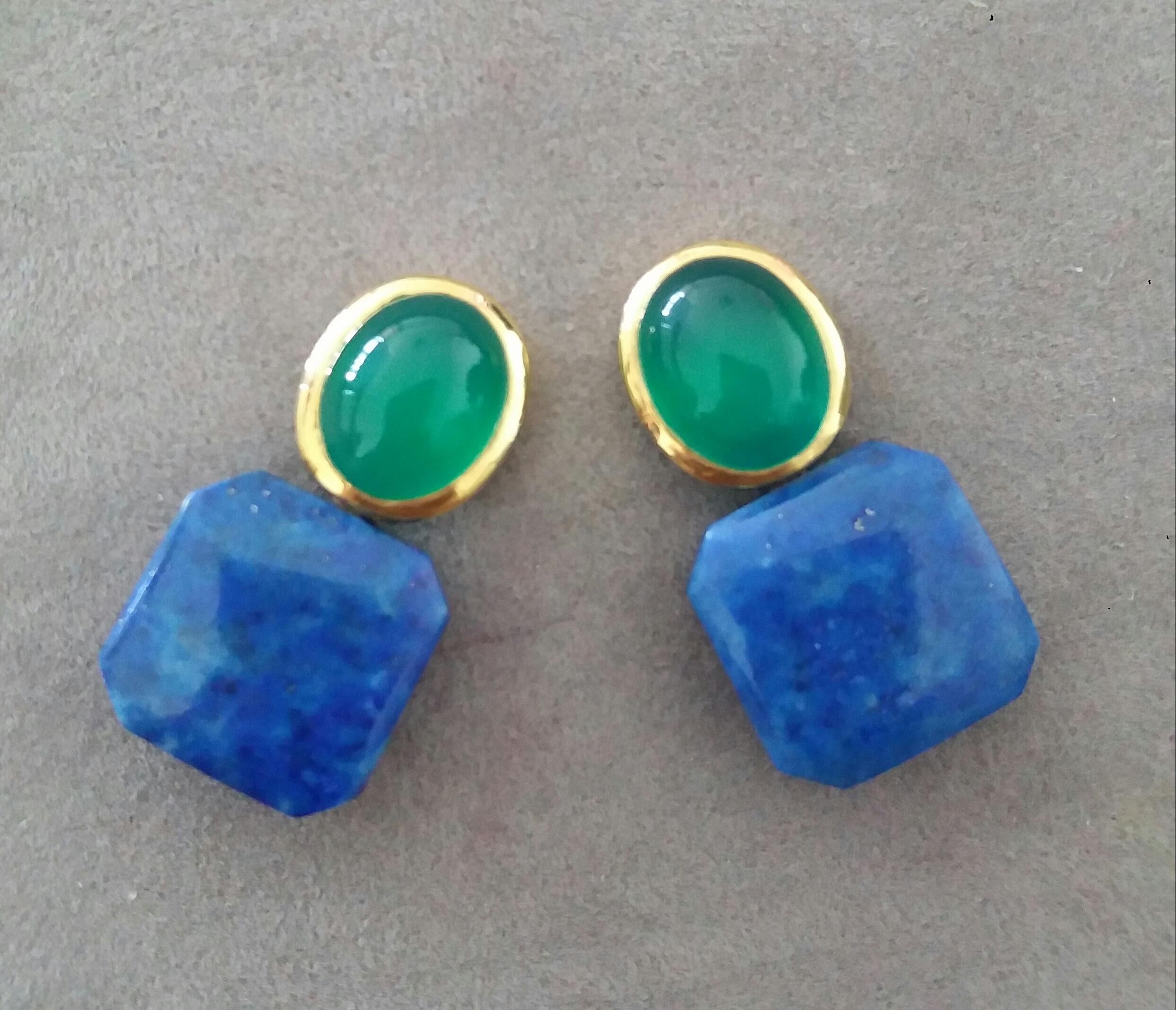 Contemporary Green Onyx Oval Cabs Yellow Gold Natural Lapislazuli Octagon Shape Stud Earrings For Sale