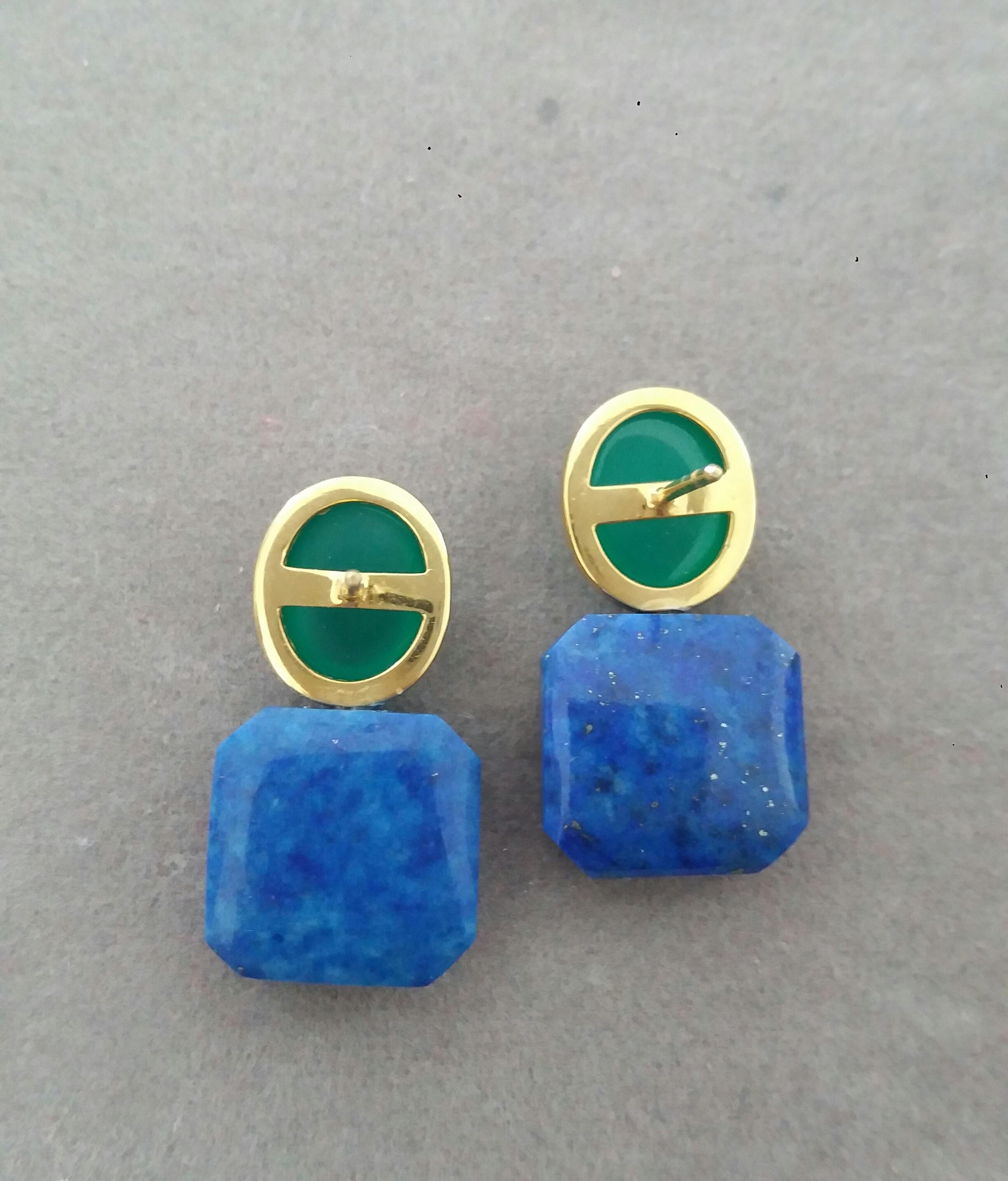 Women's Green Onyx Oval Cabs Yellow Gold Natural Lapislazuli Octagon Shape Stud Earrings For Sale