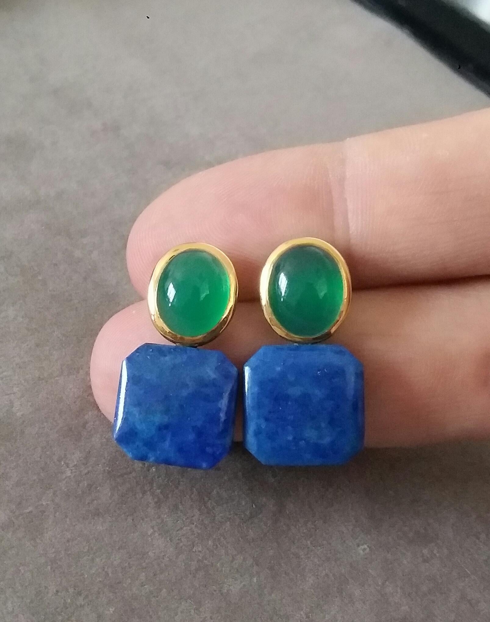Green Onyx Oval Cabs Yellow Gold Natural Lapislazuli Octagon Shape Stud Earrings For Sale 1