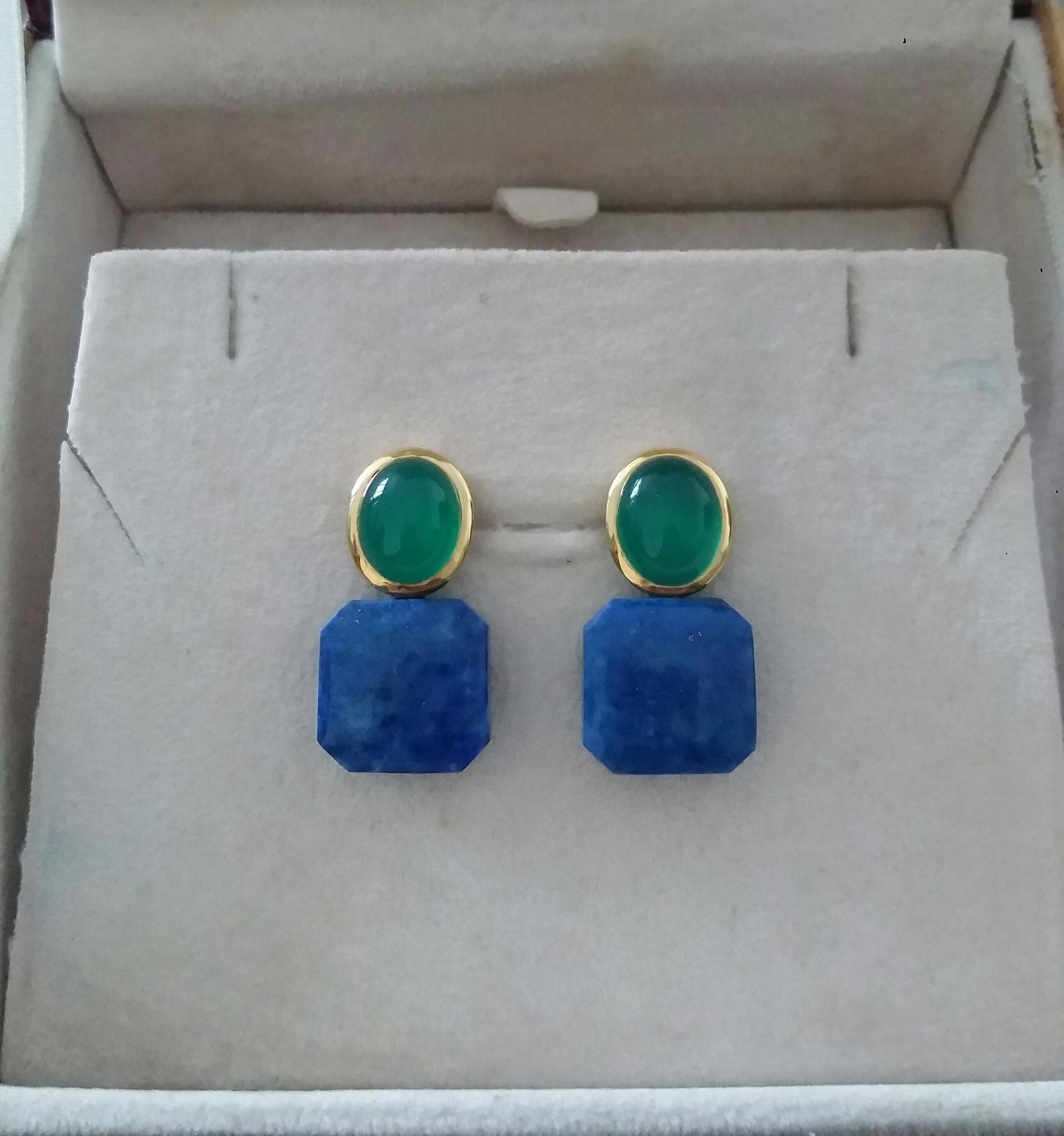 Green Onyx Oval Cabs Yellow Gold Natural Lapislazuli Octagon Shape Stud Earrings For Sale 2
