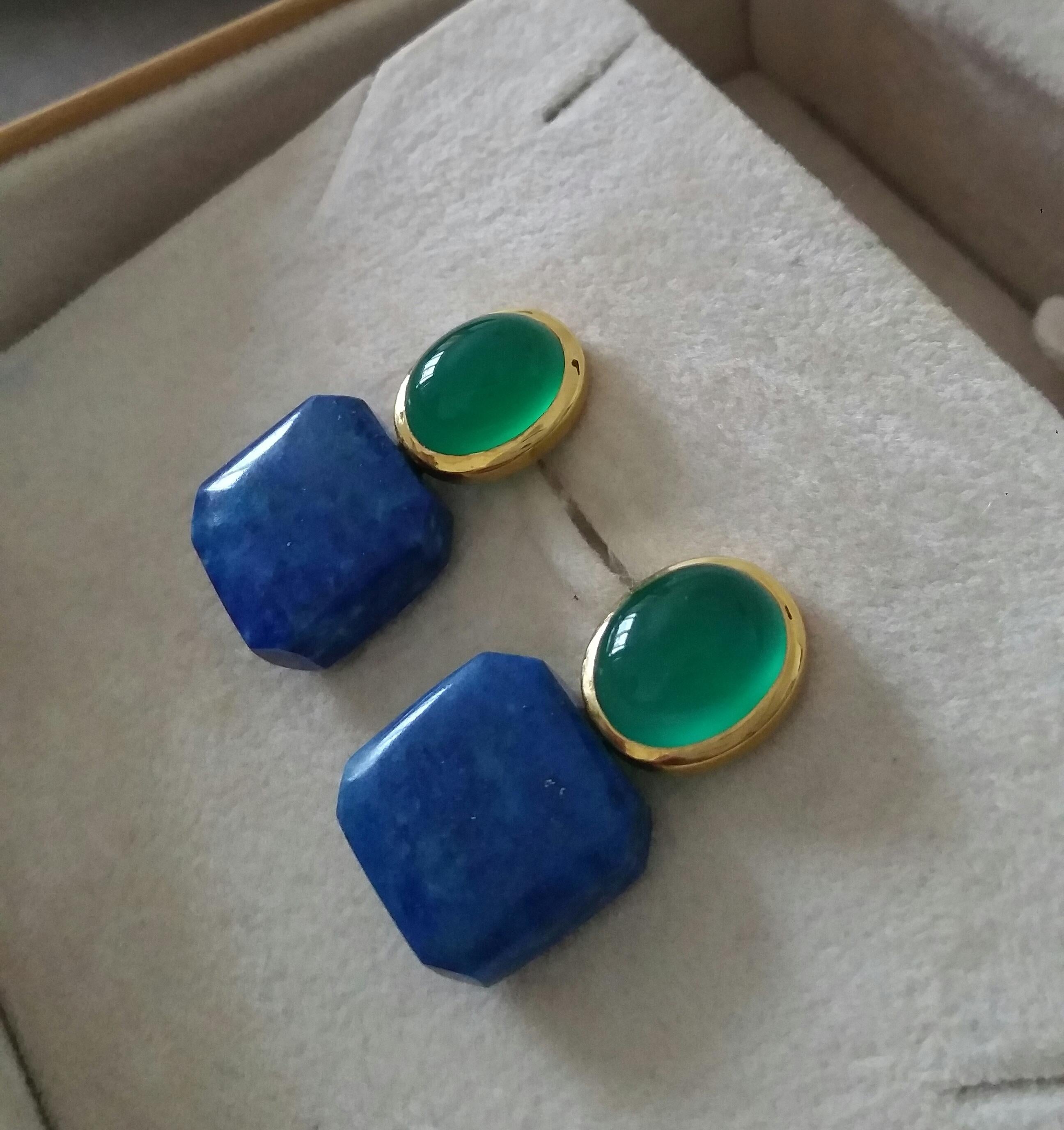 Green Onyx Oval Cabs Yellow Gold Natural Lapislazuli Octagon Shape Stud Earrings For Sale 3