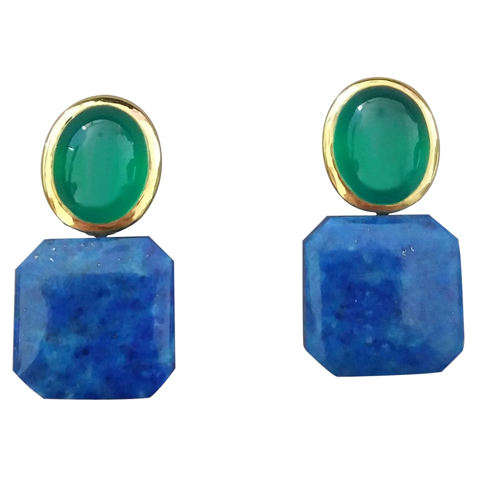 Green Onyx Oval Cabs Yellow Gold Natural Lapislazuli Octagon Shape Stud Earrings For Sale