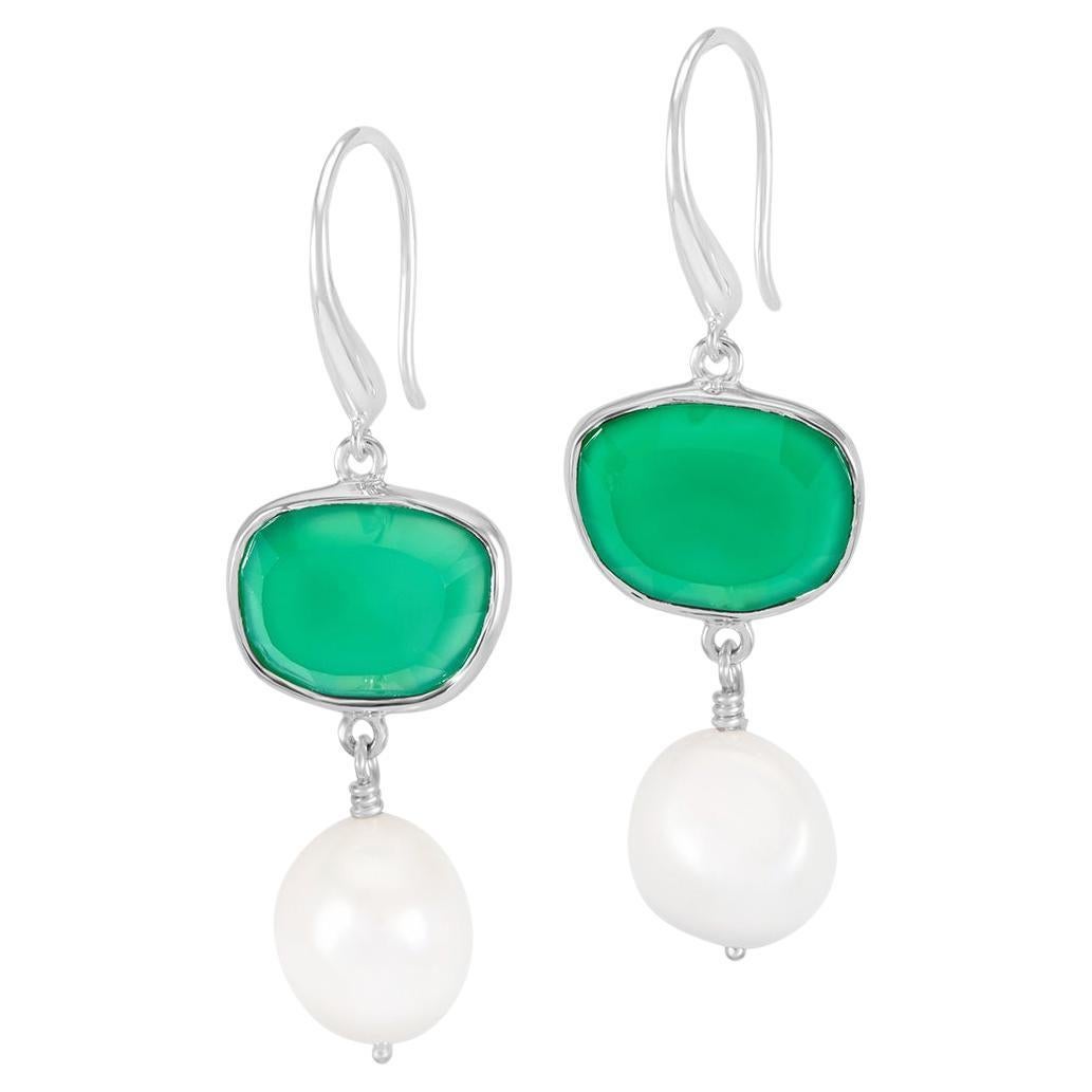 Green Onyx Pebble & Pearl Drop Earrings In Sterling Silver For Sale