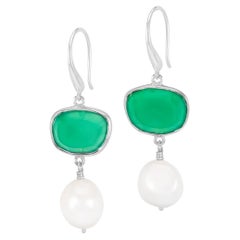 Pendants d'oreilles en argent avec galets et perles d'onyx vert