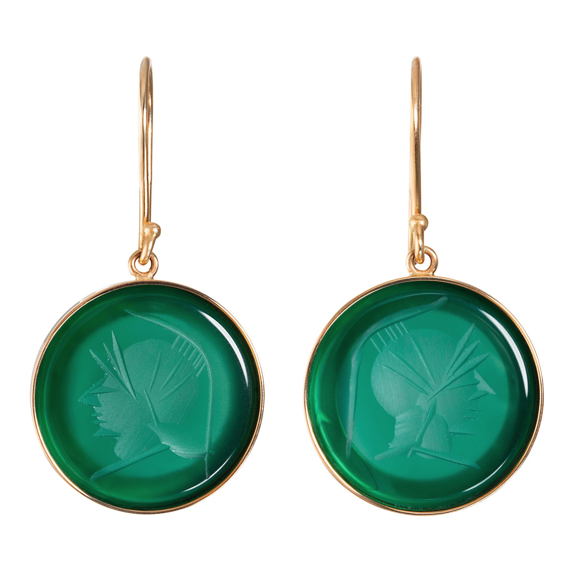 14k Yellow Gold Vintage Estate Dangling Drop Ear Pendants with Round Green Engraved Onyx - Intaglio.

The perfect pair for everyday and all occasions, the pop of color to brighten your day. The engraving of gemstones was and still is a major luxury