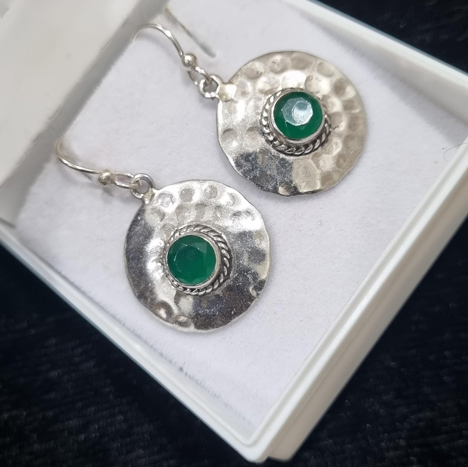 Round Cut Green Onyx Sterling Silver Earrings For Sale