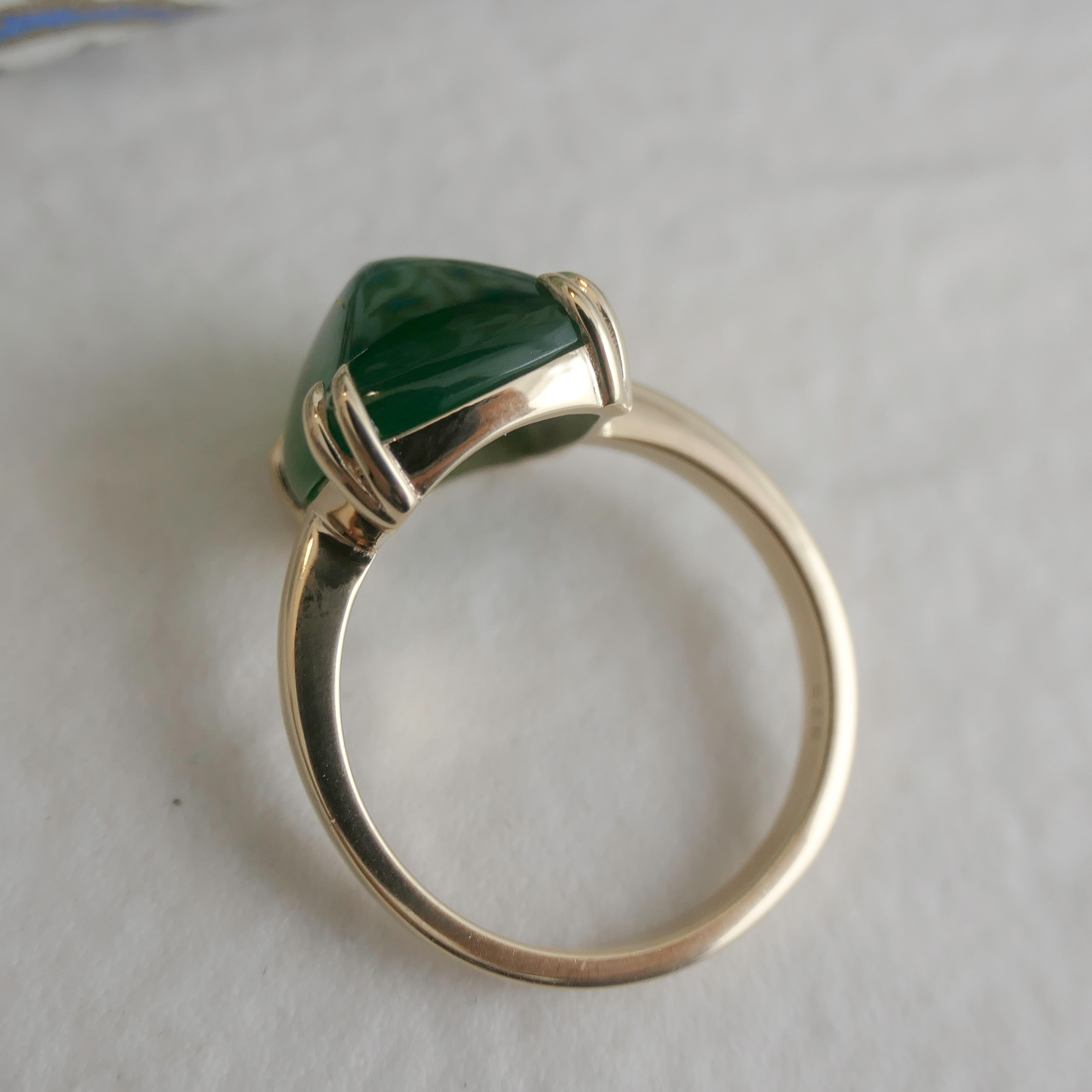 Women's Green Onyx Sugar Loaf Gold Plated Sterling Silver Ring For Sale