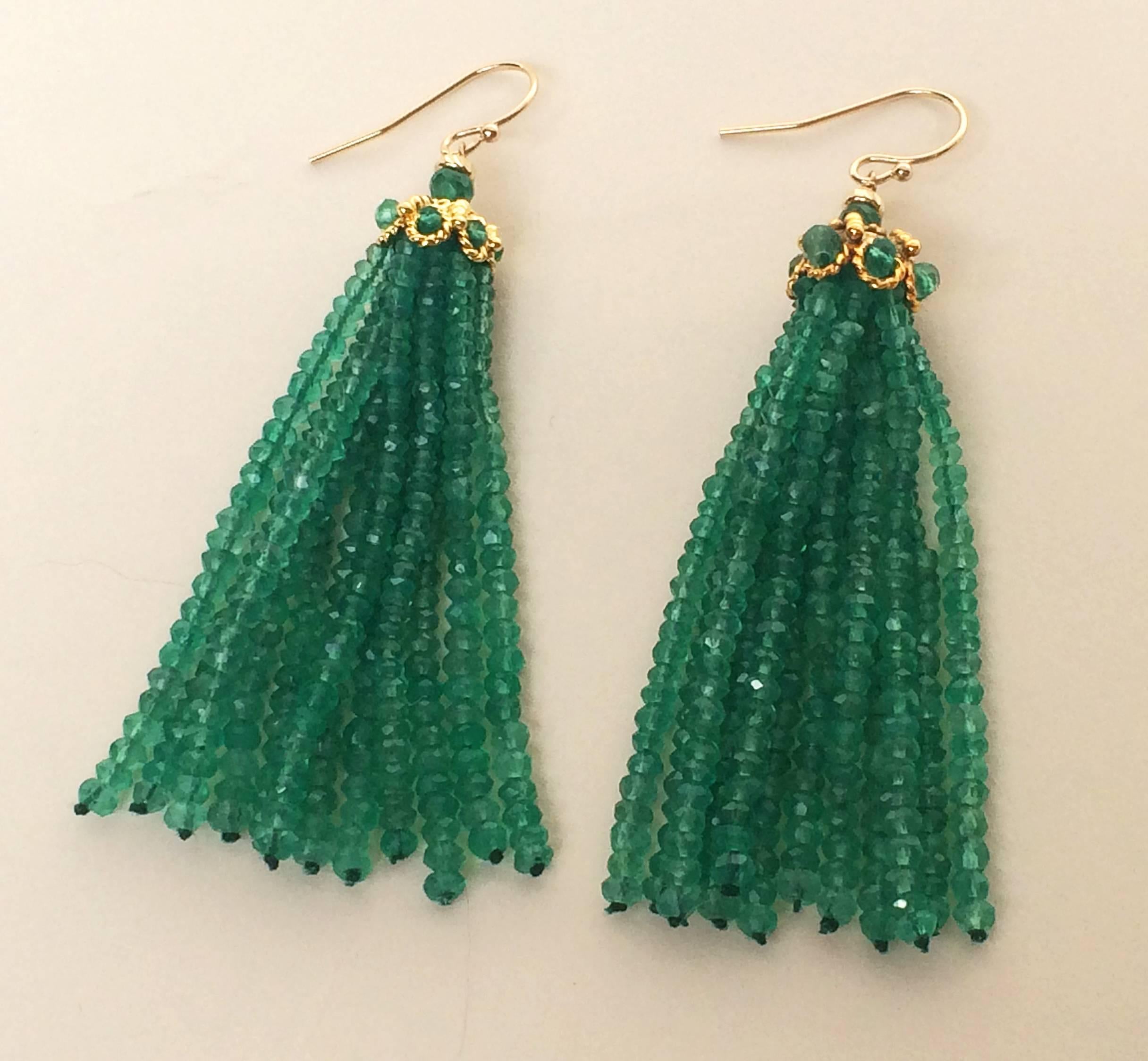 Artist Green Onyx Tassel Earrings with 14 Karat Yellow Gold Hook by Marina J