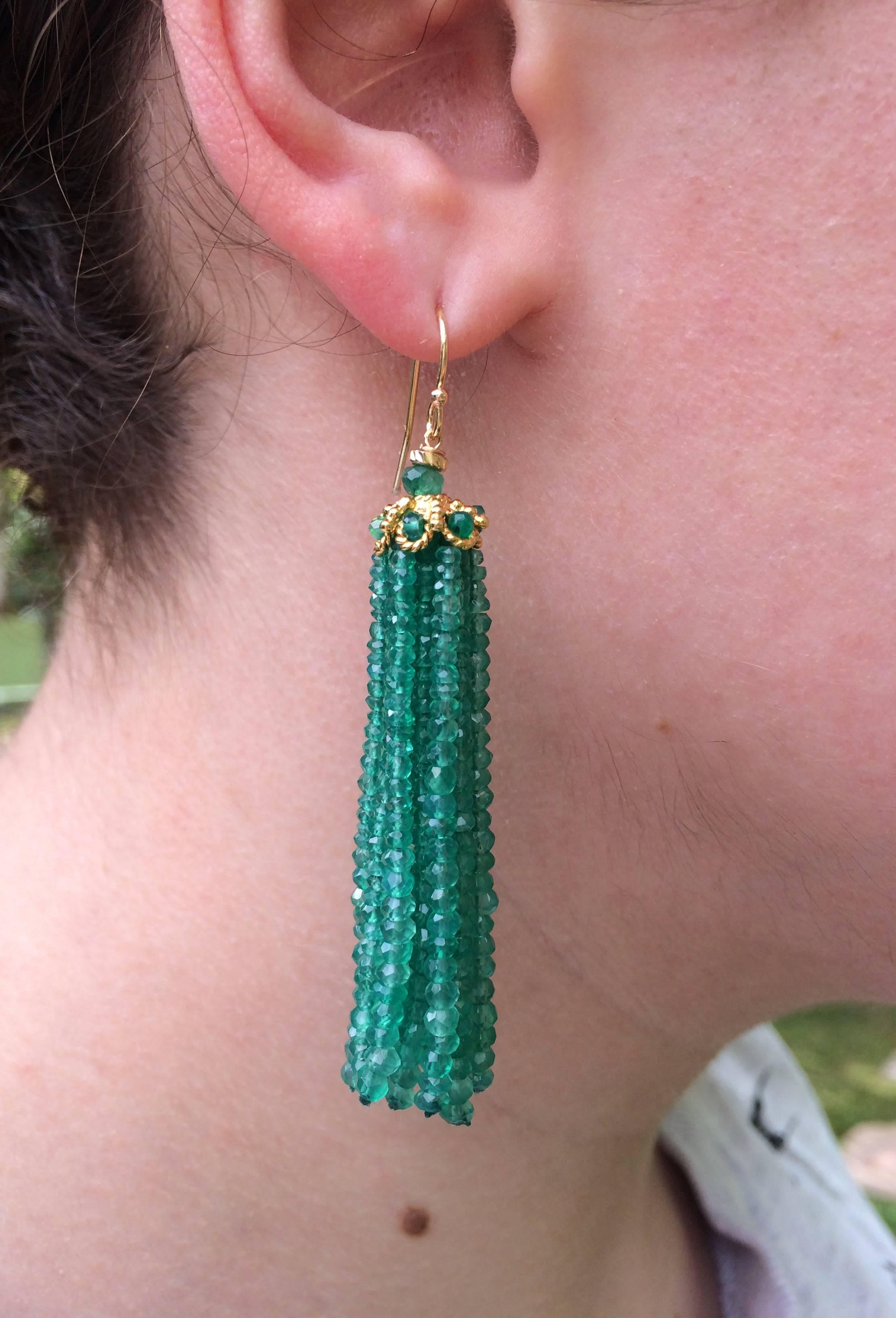 Green Onyx Tassel Earrings with 14 Karat Yellow Gold Hook by Marina J In New Condition In Los Angeles, CA