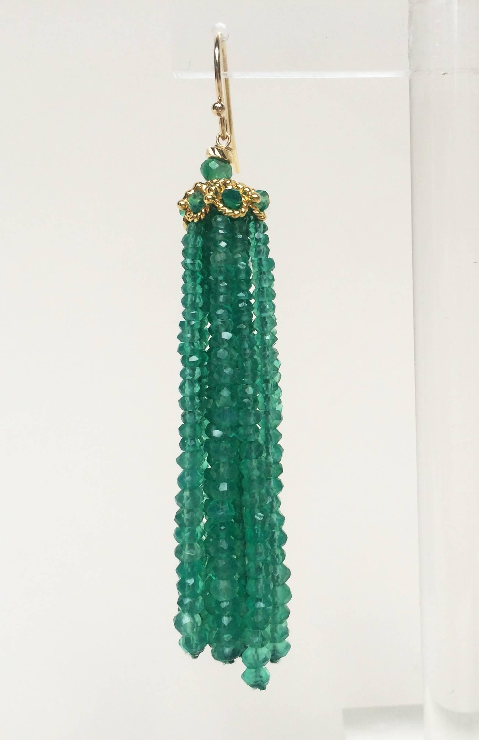 Women's Green Onyx Tassel Earrings with 14 Karat Yellow Gold Hook by Marina J