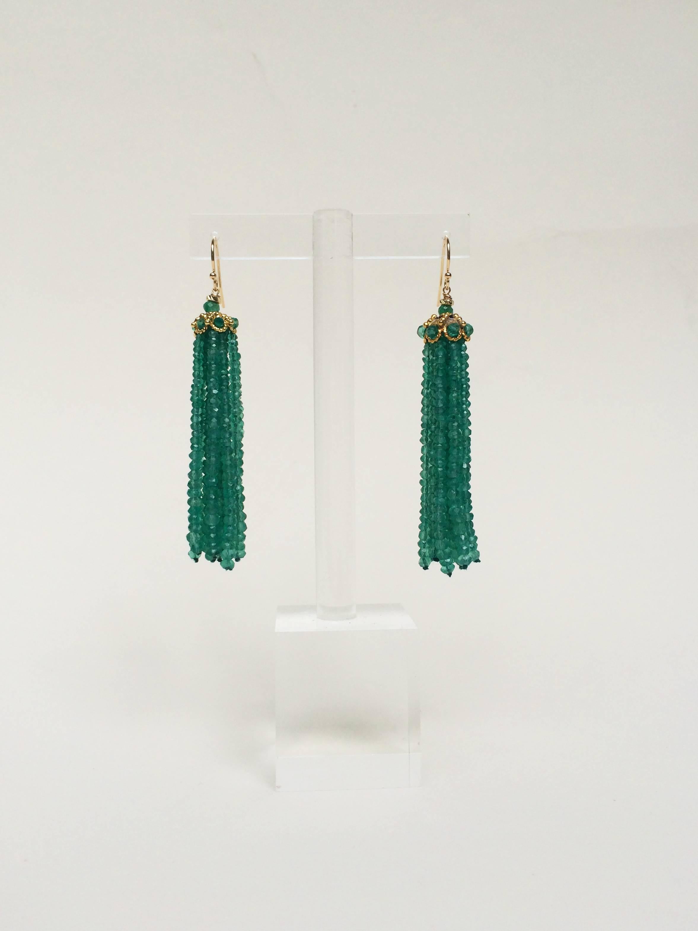 Green Onyx Tassel Earrings with 14 Karat Yellow Gold Hook by Marina J 1