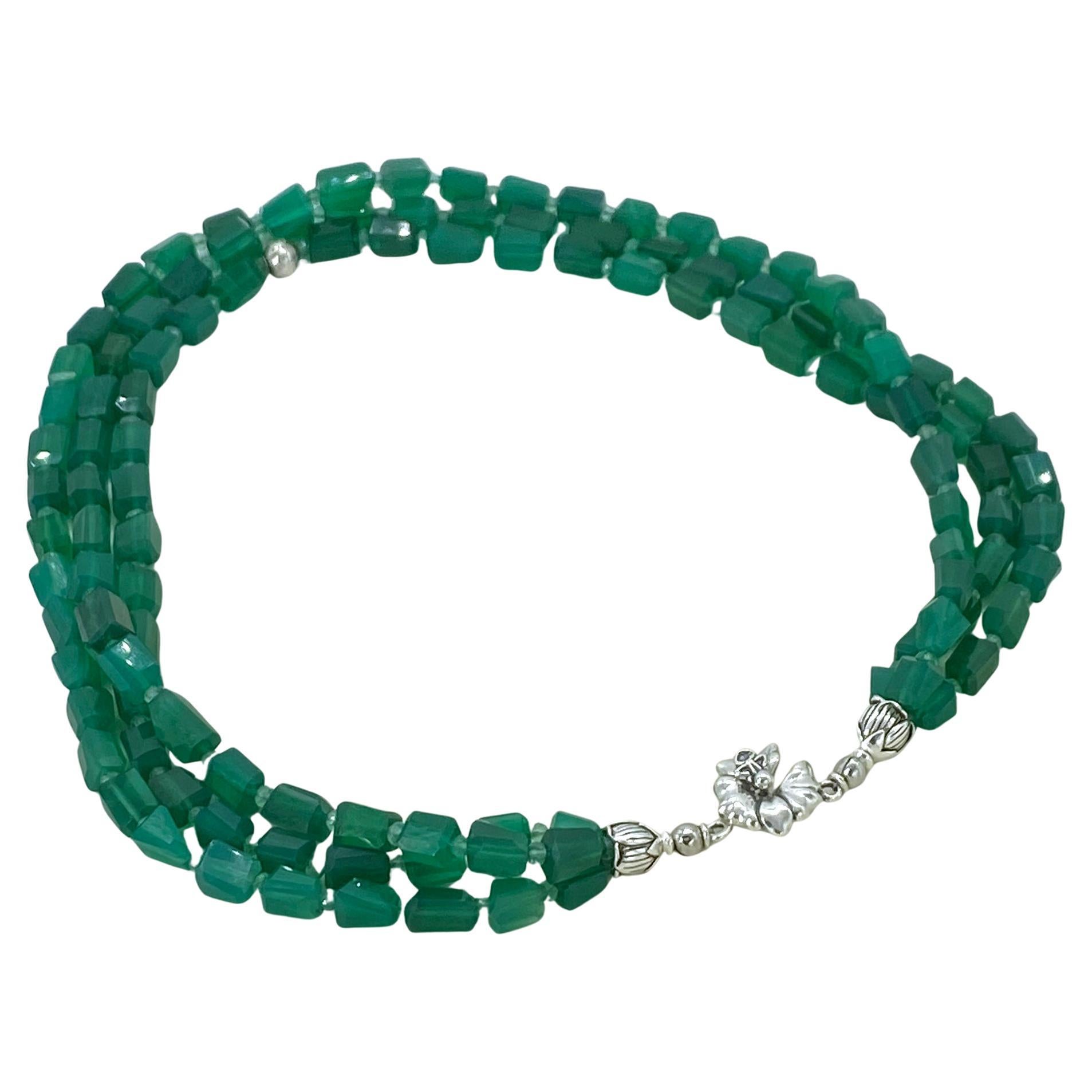 Green Onyx Triple Strand Necklace with Sterling Silver Clasp