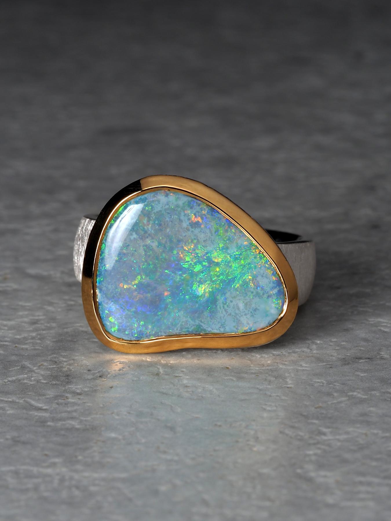 Grüner Opal Silber Ring Natürlicher Australischer Edelstein Weihnachtsgeschenk (Art déco) im Angebot
