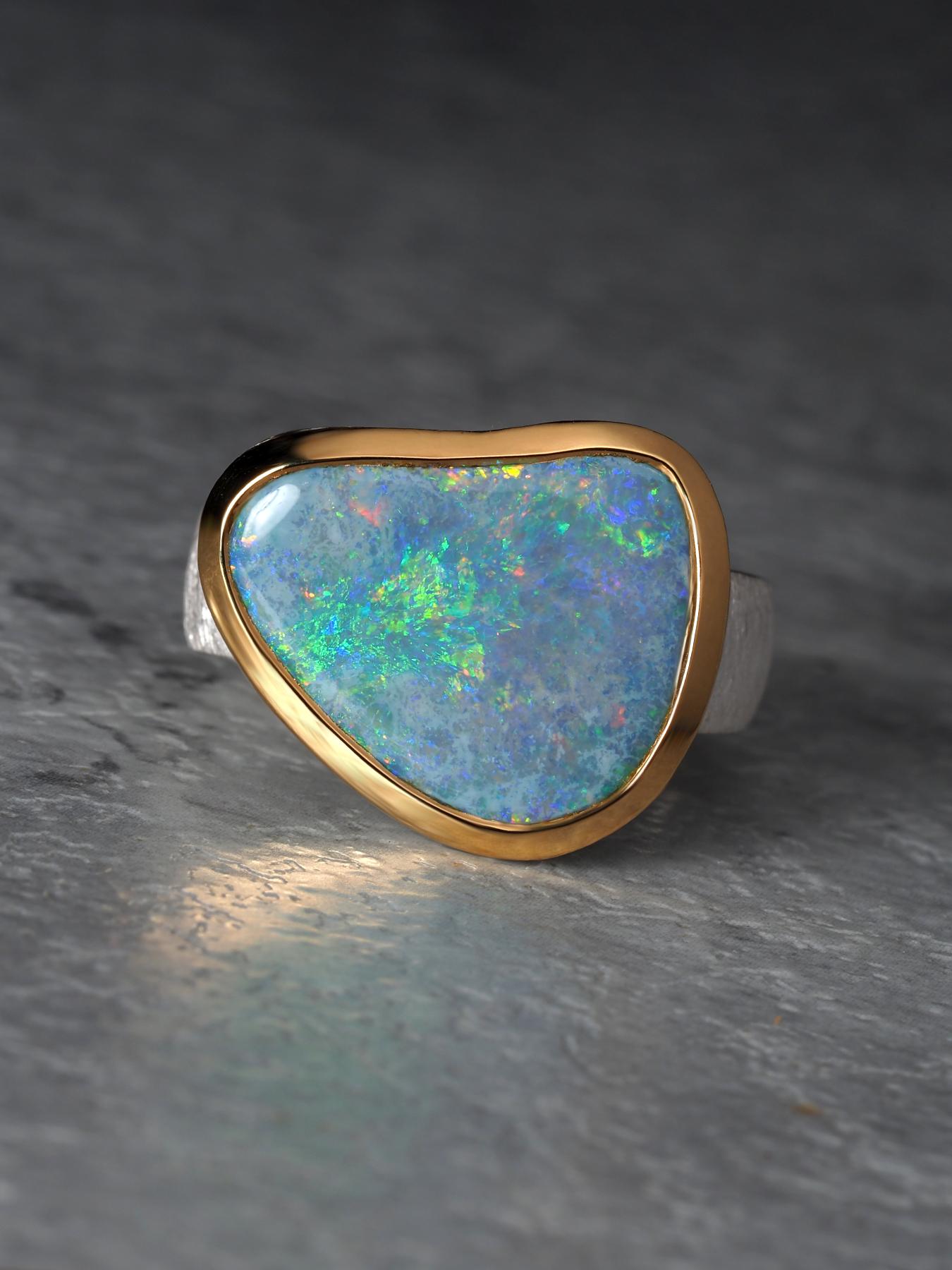 Grüner Opal Silber Ring Natürlicher Australischer Edelstein Weihnachtsgeschenk für Damen oder Herren im Angebot