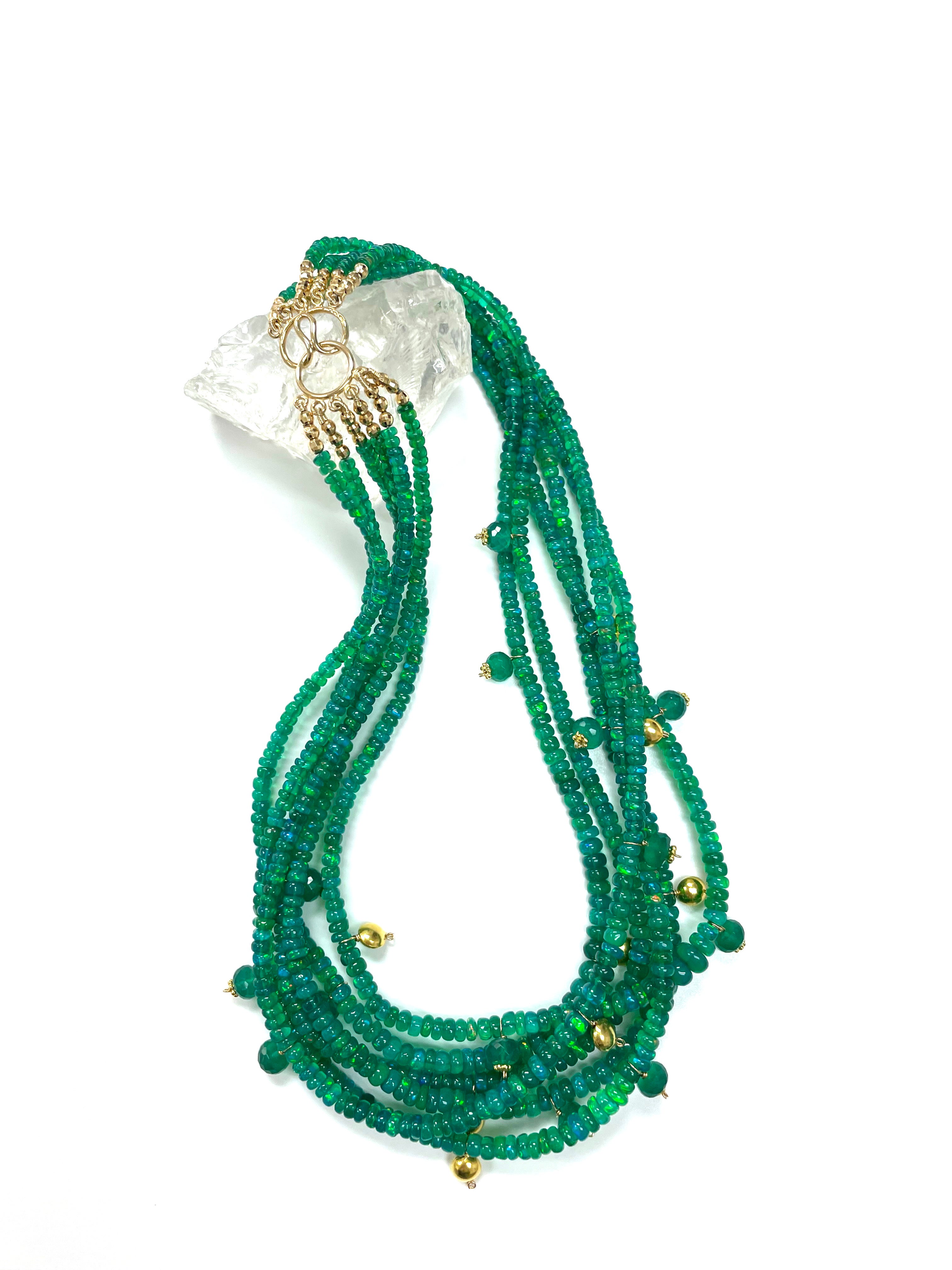 Artisan Green Opal with Dangling 18k YG Accents Multistrand Necklace For Sale