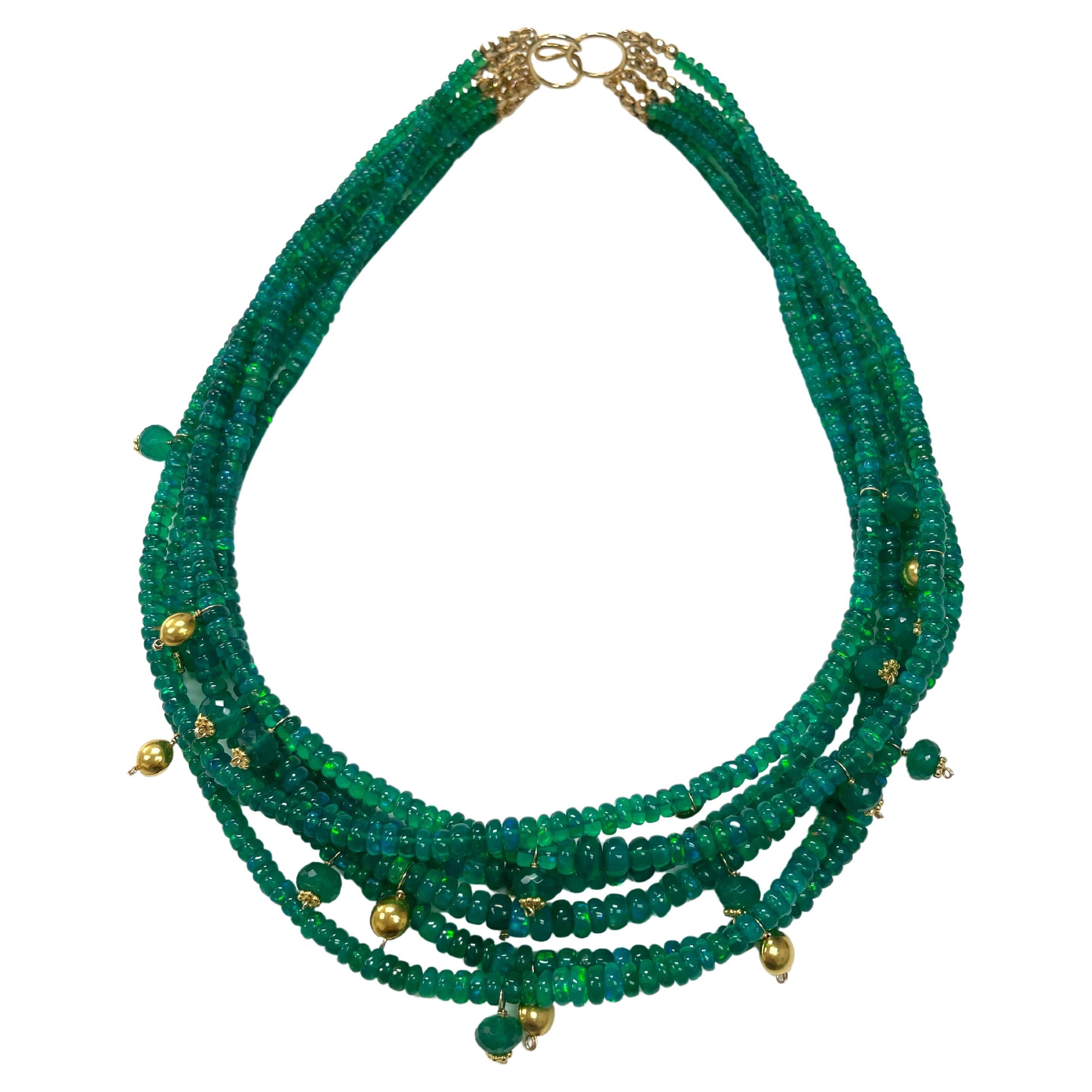 Bead Green Opal with Dangling 18k YG Accents Multistrand Necklace For Sale